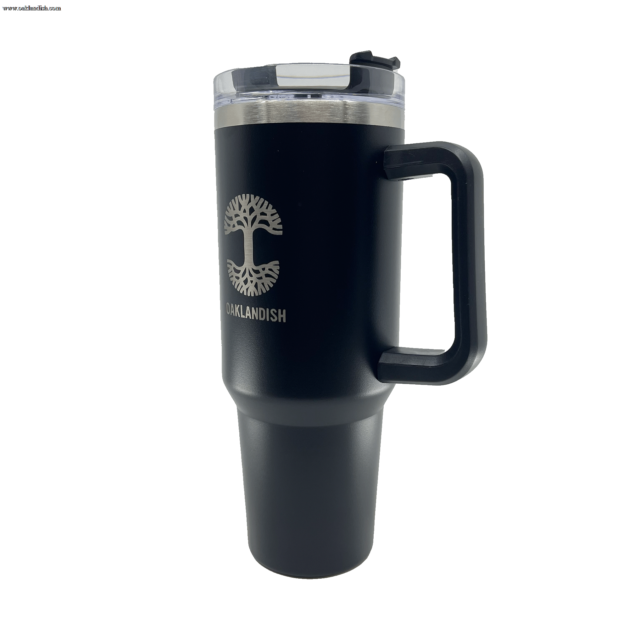 Side view of a black double walled 40-oz stainless steel travel drink tumbler with silver Oaklandish log and wordmark and airtight lid.