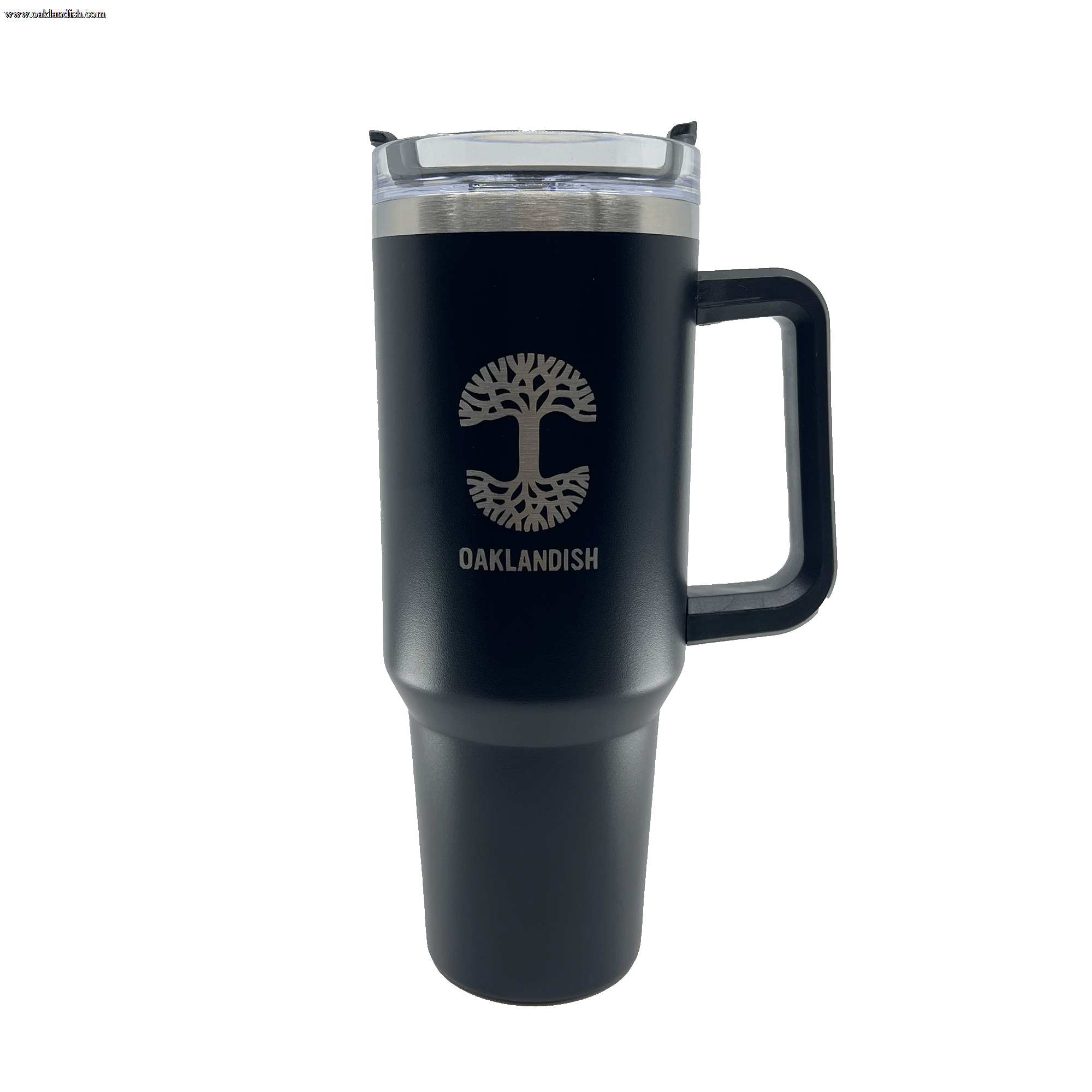Black double walled 40-oz stainless steel travel drink tumbler with silver Oaklandish log and wordmark and airtight lid.
