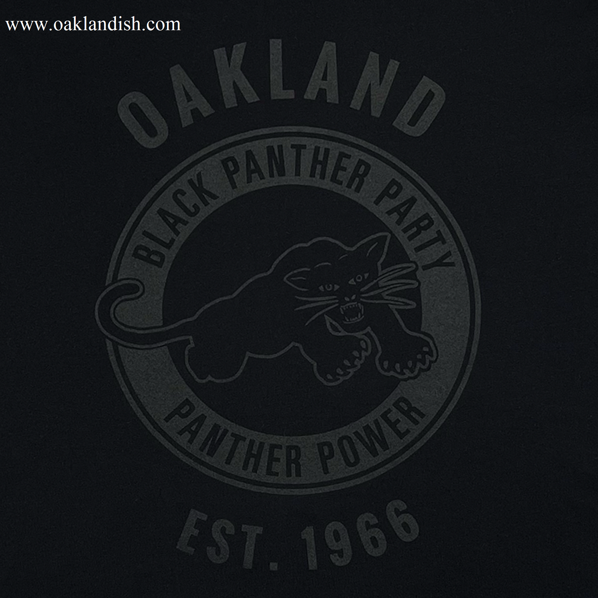 The Oaklandish Black Panther Power Tee features a dark design with a circular Black Panther Party logo, bold monochrome “OAKLAND,” “PANTHER POWER,” and “EST. 1966” text—honoring the legacy of change.