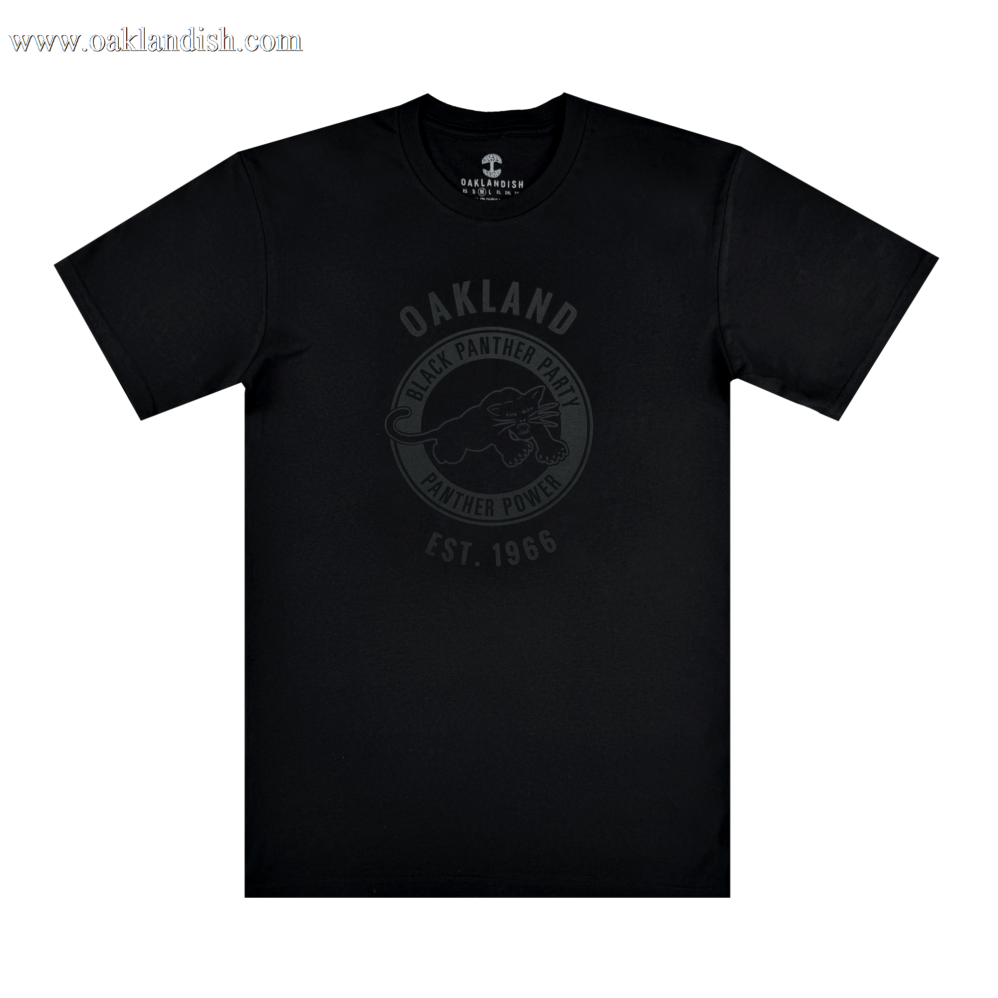 The Oaklandish Black Panther Power Tee is a black shirt with a dark gray crouching panther and circular text: "OAKLAND," "BLACK PANTHER PARTY," "PANTHER POWER," and "EST. 1966"—a tribute to social consciousness.
