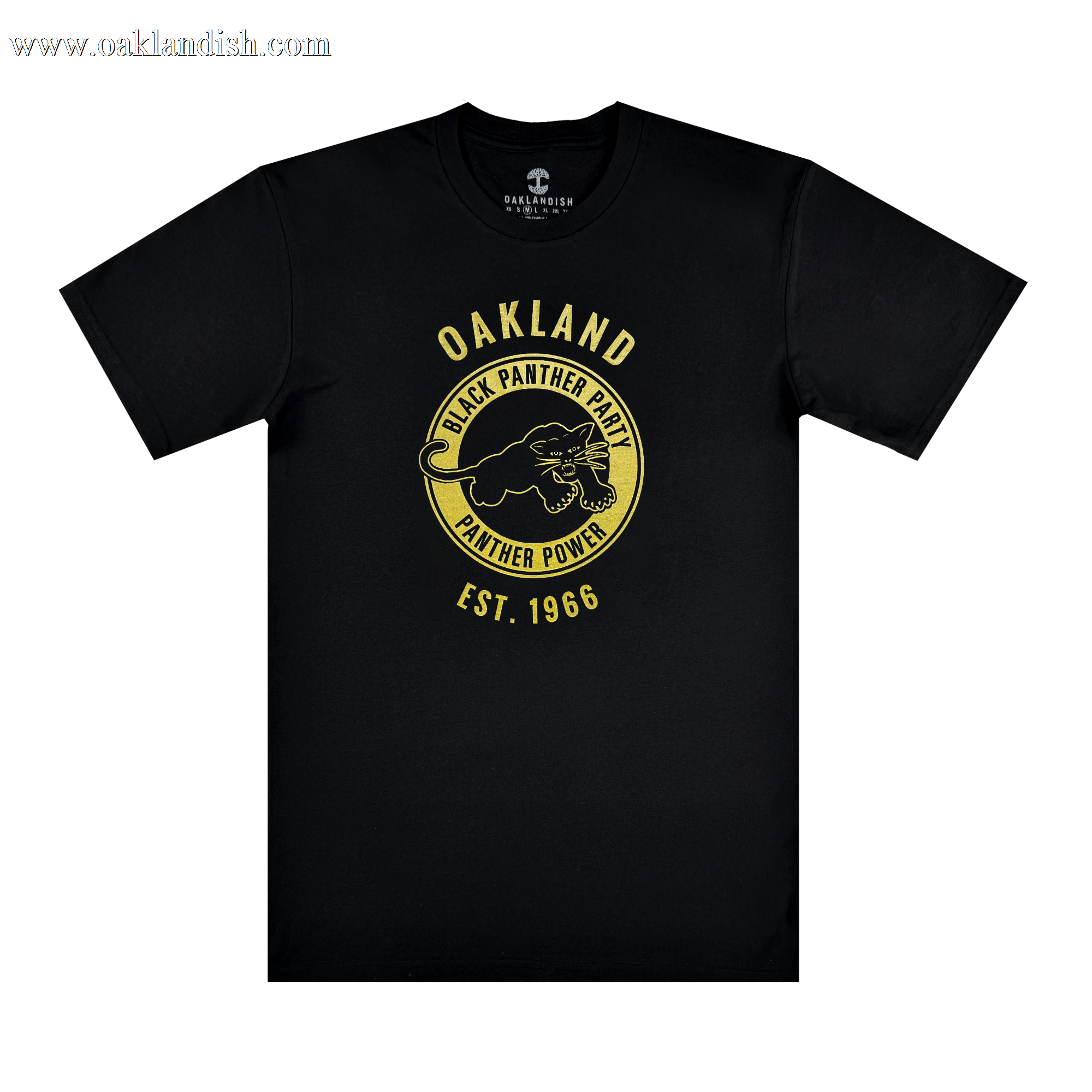 The Oaklandish Black Panther Power Tee is a black T-shirt with a yellow panther graphic and the words “OAKLAND,” “BLACK PANTHER PARTY,” “PANTHER POWER,” and “EST. 1966”—honoring social consciousness and the Party’s legacy.