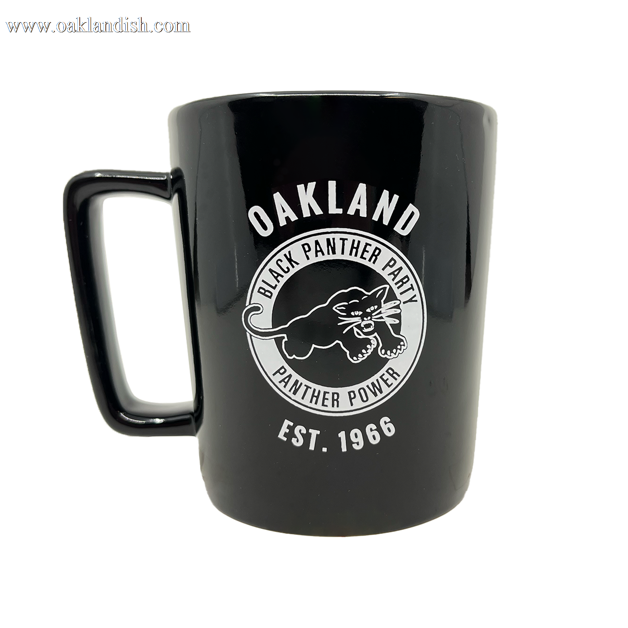 The Oaklandish Black Panther Power Mug features a bold design with "OAKLAND BLACK PANTHER PARTY PANTHER POWER" encircling an illustrated panther and "EST. 1966" below. The black ceramic mug includes a large handle on the left, ideal for displaying this iconic emblem.