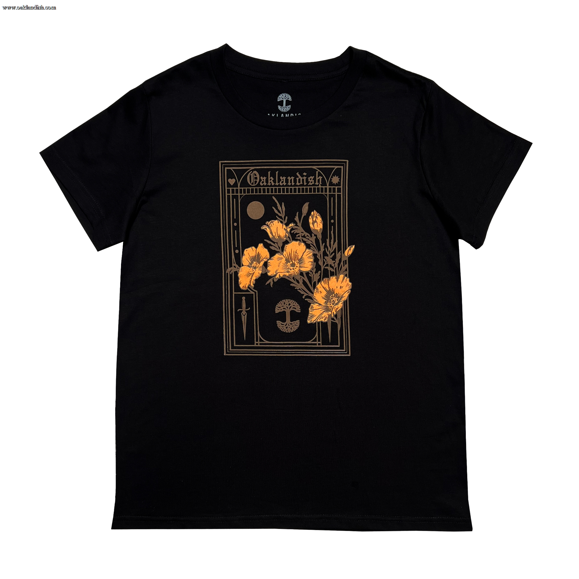 The Women's Blossom Tee by Oaklandish is a black t-shirt featuring a graphic design of California's state flower, orange poppies, centered on the front. The design is embellished with gothic-style borders and symbols surrounding the flowers, with "Oshkosh" elegantly written at the top. Available in women's sizes.