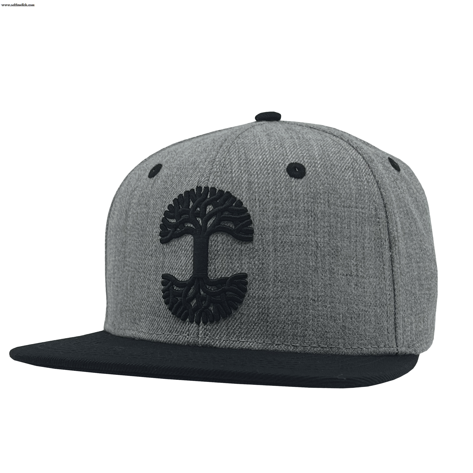 The Oaklandish Classic Snapback, crafted by Oaklandish, boasts a gray design featuring a black brim and a striking embroidered tree logo on the front. With ventilation eyelets at the top, it seamlessly merges style with modern sophistication.