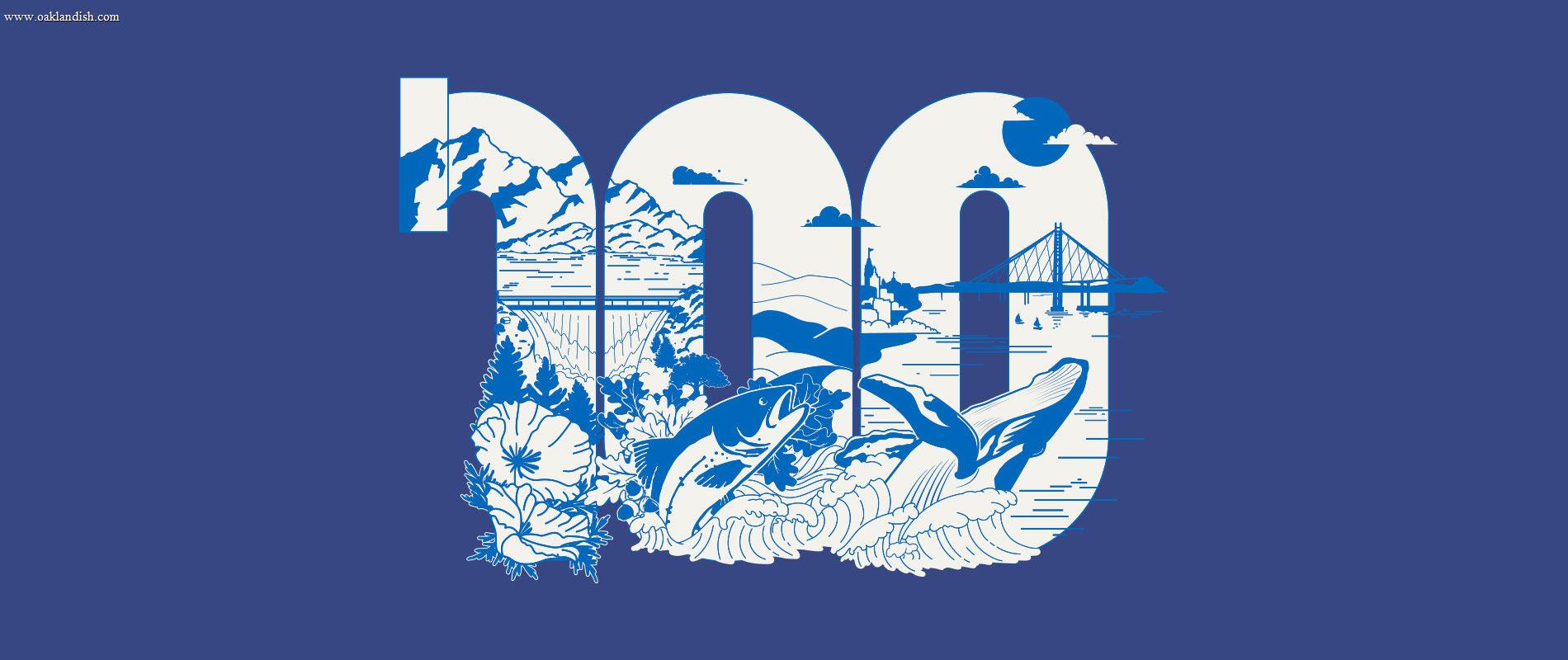 Large white "100" on blue background, filled with line art of whales, salmon, waves, mountains, flowers, trees, a suspension bridge, waterfalls, and clouds; symbolizes Pacific Northwest nature.
