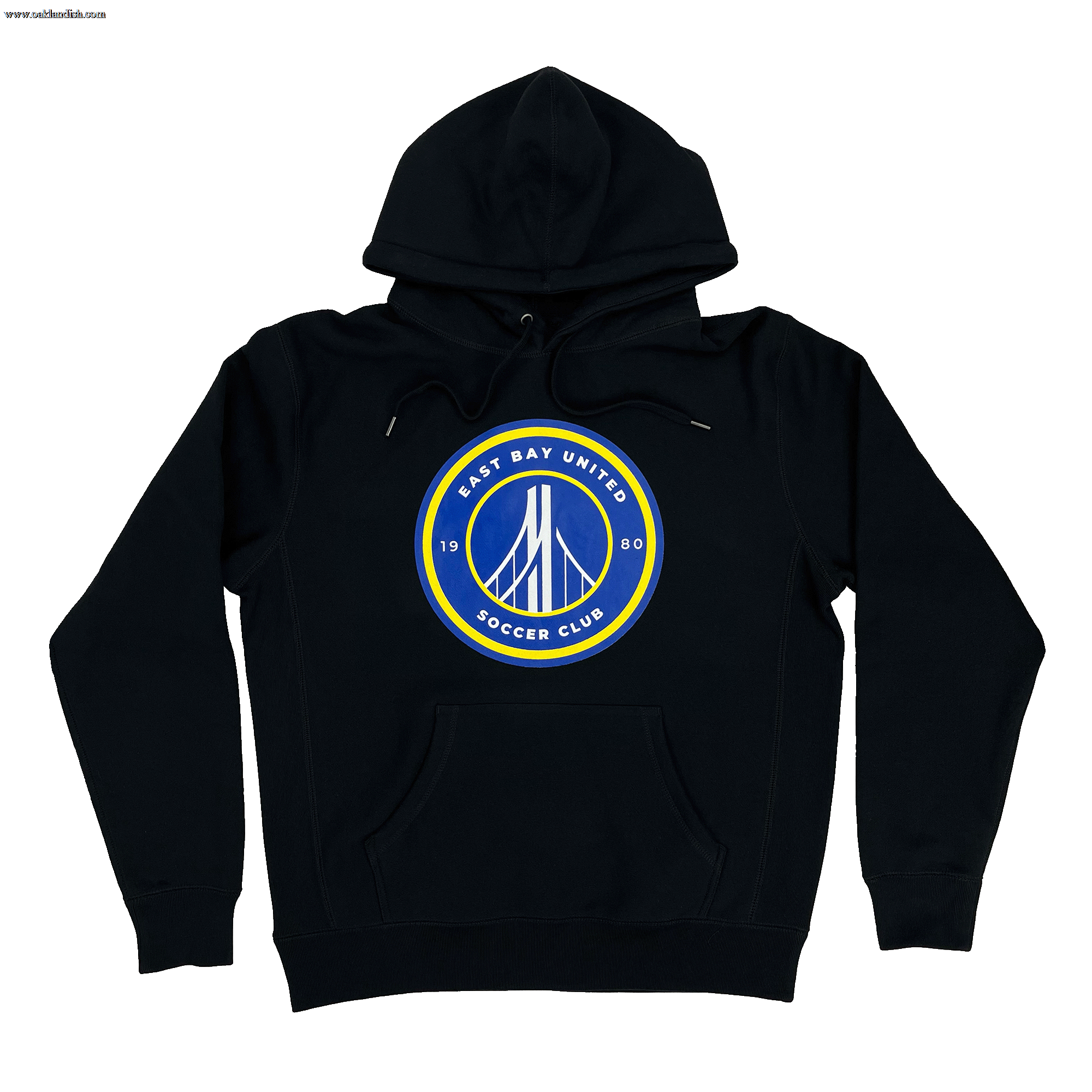 Front view of black hoodie sweatshirt with round blue, white, and yellow East Bay United Soccer Club 1980 logo on the front chest.