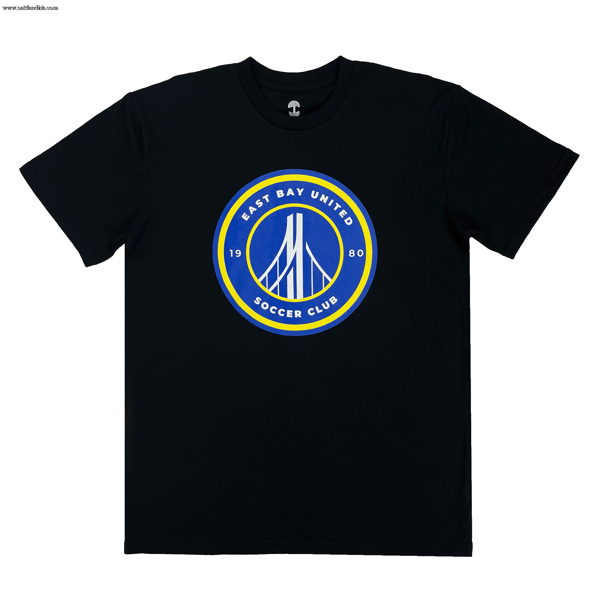 Front view of a black t-shirt with round blue, white, and yellow East Bay United Soccer Club 1980 logo on the front chest.