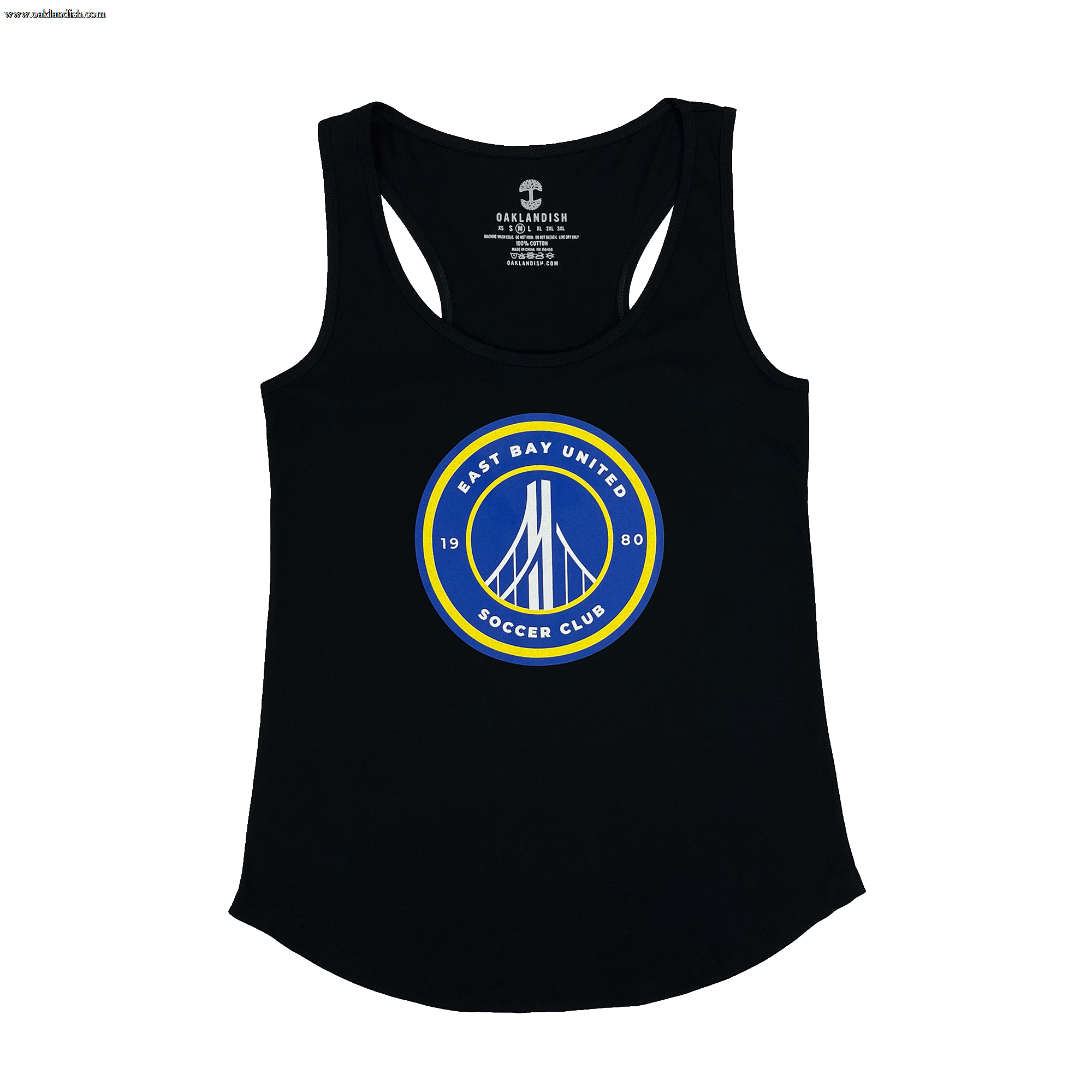 Front view of a black women’s tank top with round blue, white, and yellow East Bay United Soccer Club 1980 logo on the front chest.
