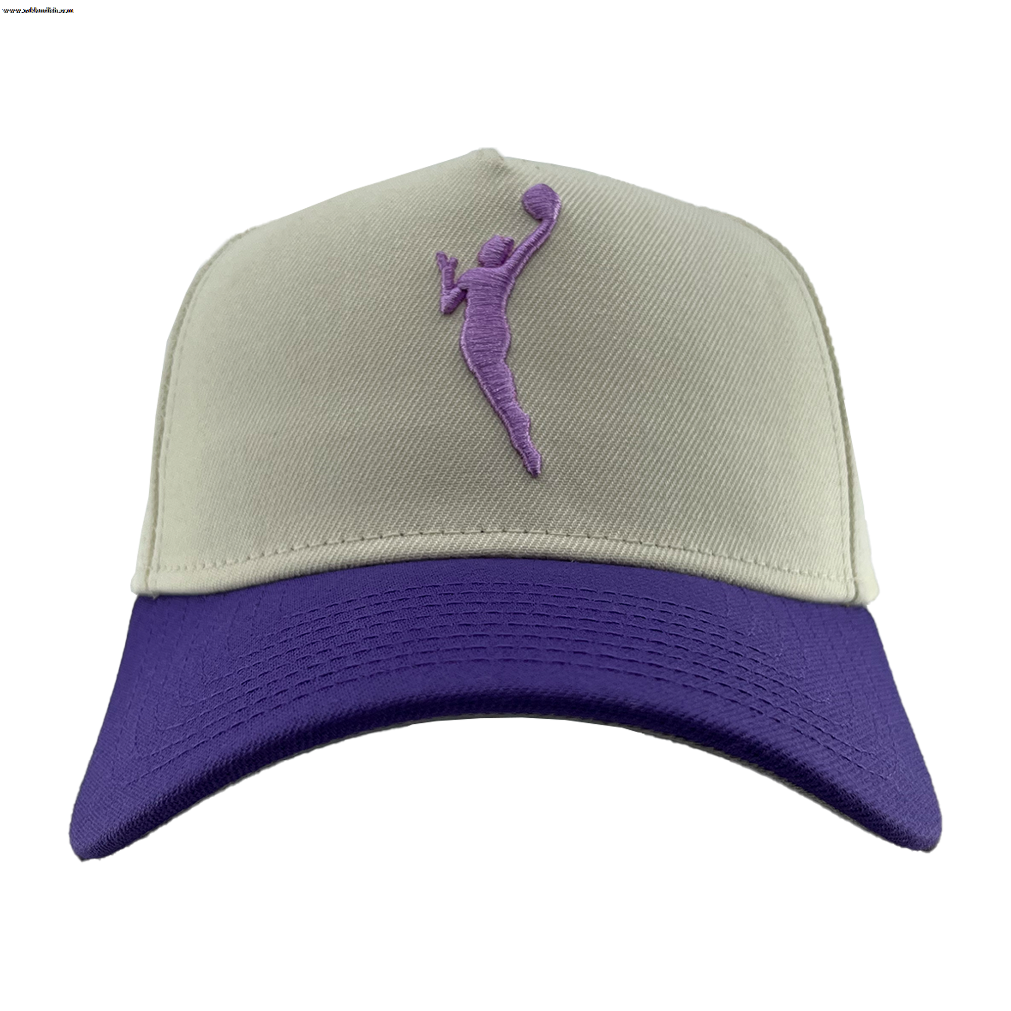 The GSV 9FORTY AF 2 Tone by GSV is a beige snapback with a purple brim and an embroidered purple basketball player silhouette on the front, offering standout style.