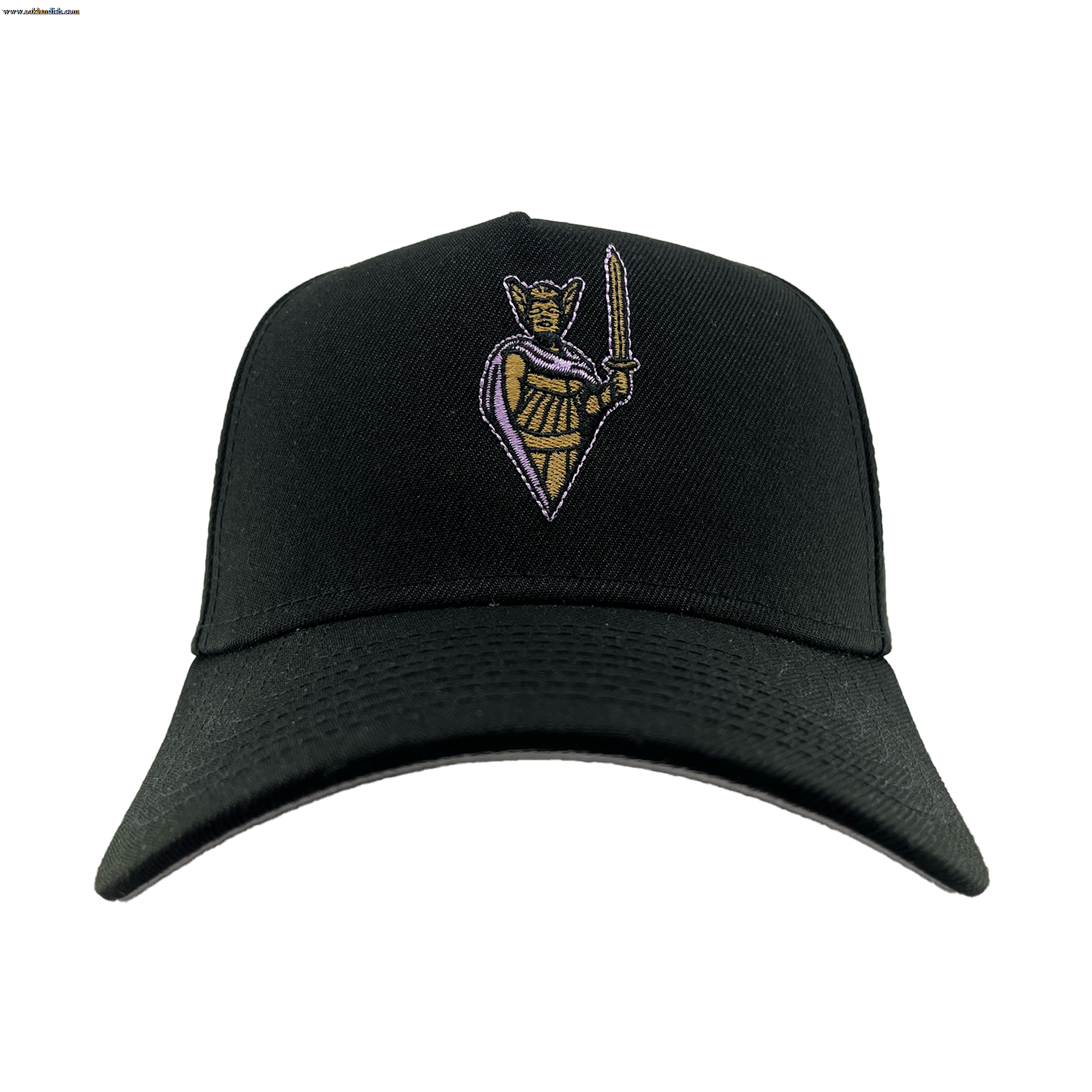 The GSV 9FORTY AF is a black adjustable cap by GSV, featuring an embroidered armored cat with a purple cape and golden sword centered on the front panel, shown against a plain white background.