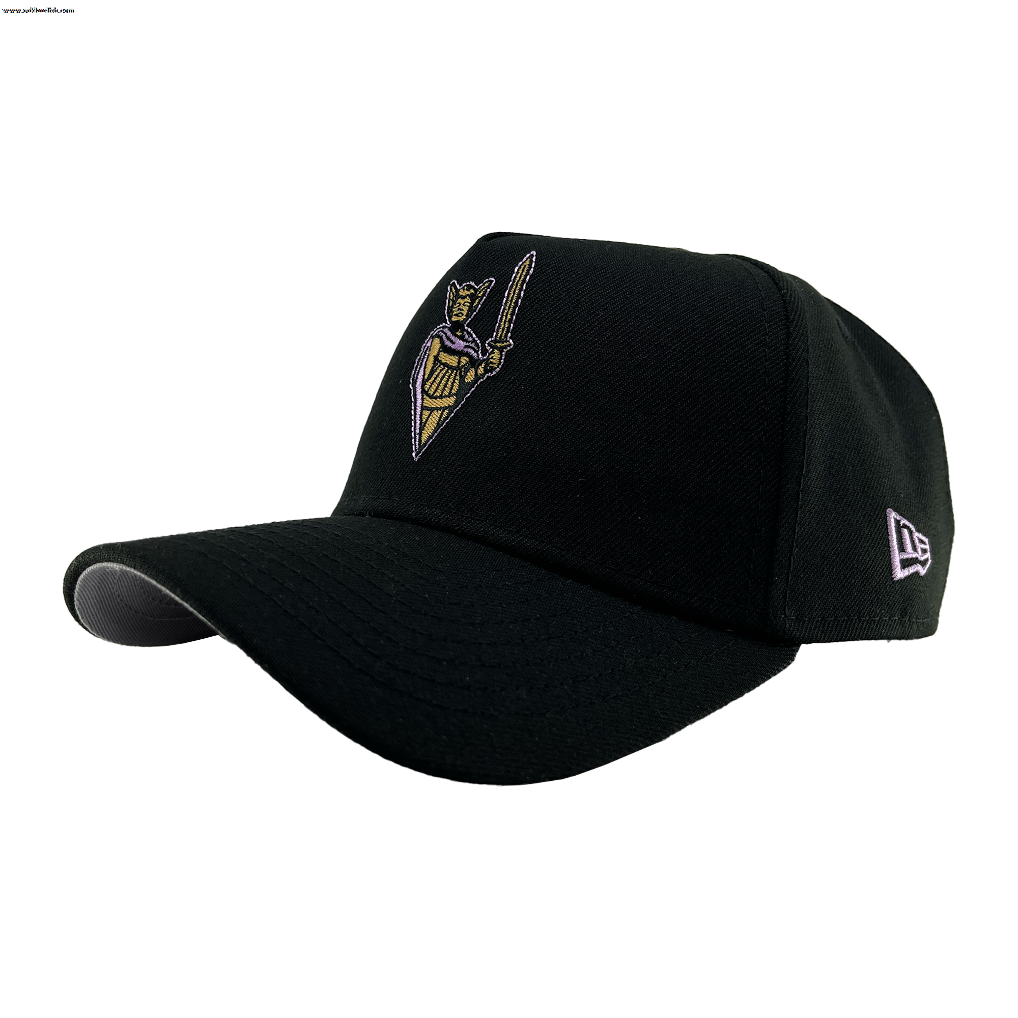 The GSV 9FORTY AF by GSV is a black baseball cap with a curved brim, featuring an embroidered yellow and purple Valkyries knight's helmet with a sword on the front, adjustable snapback, and white New Era logo. Displayed against white.