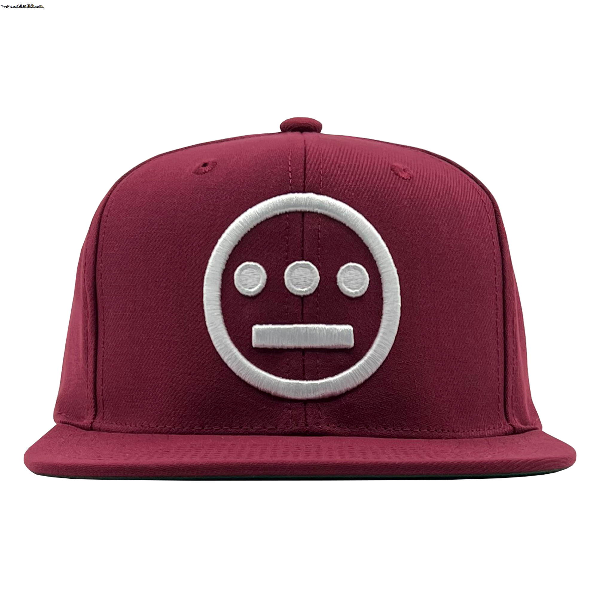 Front view of cardinal red Mitchell & Ness snapback cap with white embroidered Hiero Hip Hop crew logo.