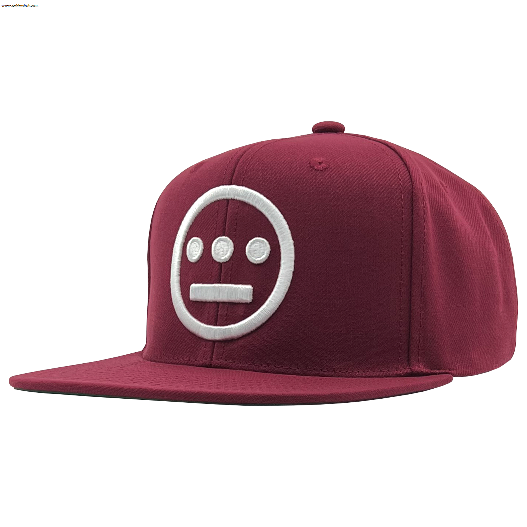 Side view of cardinal red Mitchell & Ness snapback cap with white embroidered Hiero Hip Hop crew logo.