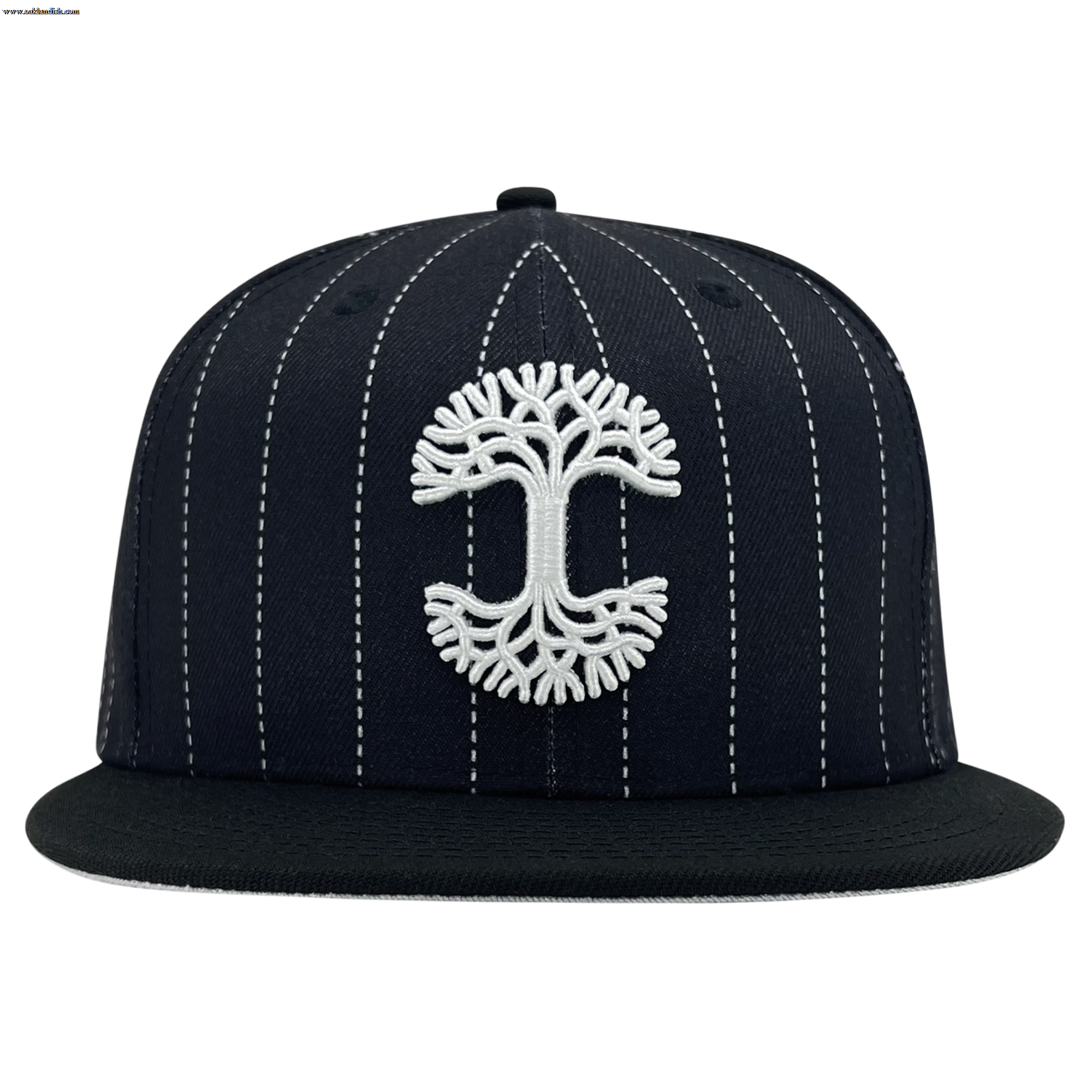 New Era 59FIFTY black pinstripe fitted hat with white embroidered Oaklandish tree logo.