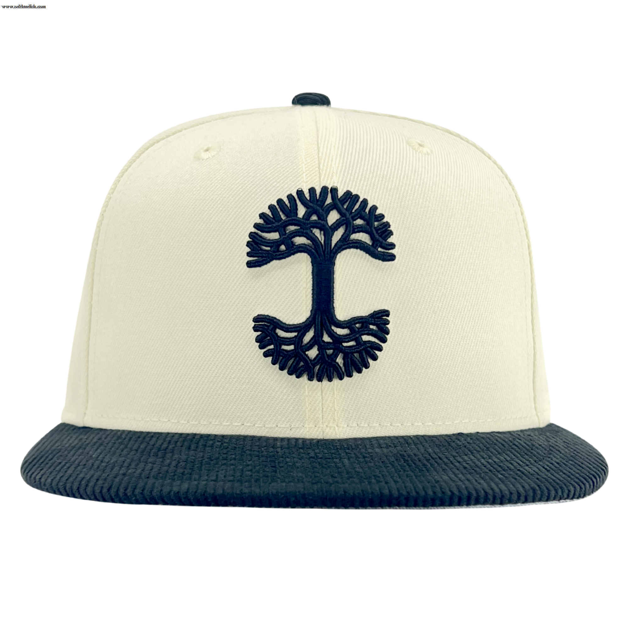 The New Era X Oaklandish Classic Cord 59FIFTY Fitted Cap by Other features a cream-colored corduroy construction with a contrasting black brim. At the center of the front panel, an embroidered black tree emblem with symmetrical, branching limbs echoes classic Oaklandish style while adding a modern streetwear twist. The hat is showcased against a plain white background.