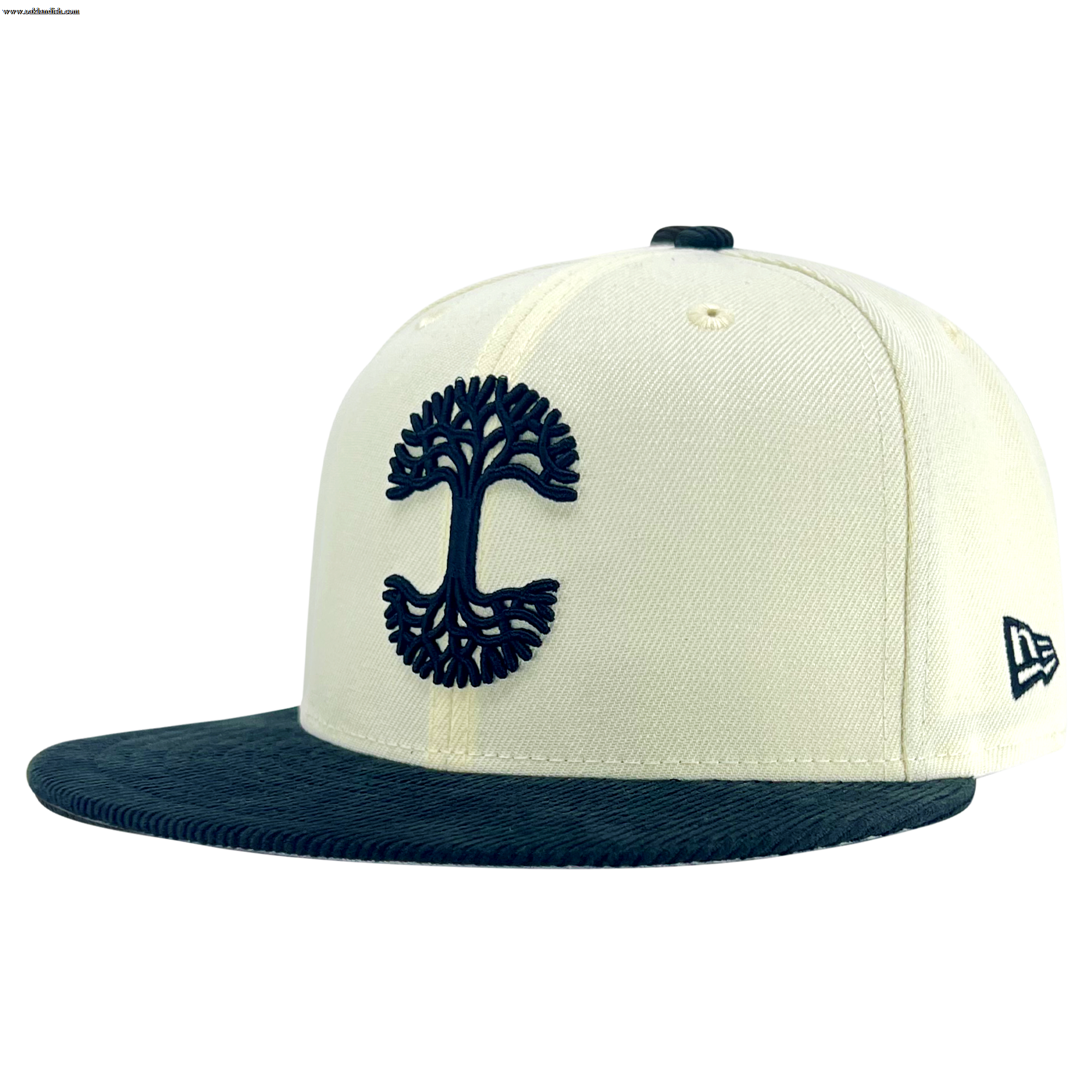 The New Era X Oaklandish Classic Cord 59FIFTY Fitted Cap features a cream-and-black colorway with a black flat brim and a stylized black tree logo embroidered on the front. The signature New Era logo, stitched in white on the left side, marks it as an authentic 59FIFTY fitted cap. The hat is displayed against a plain white background.
