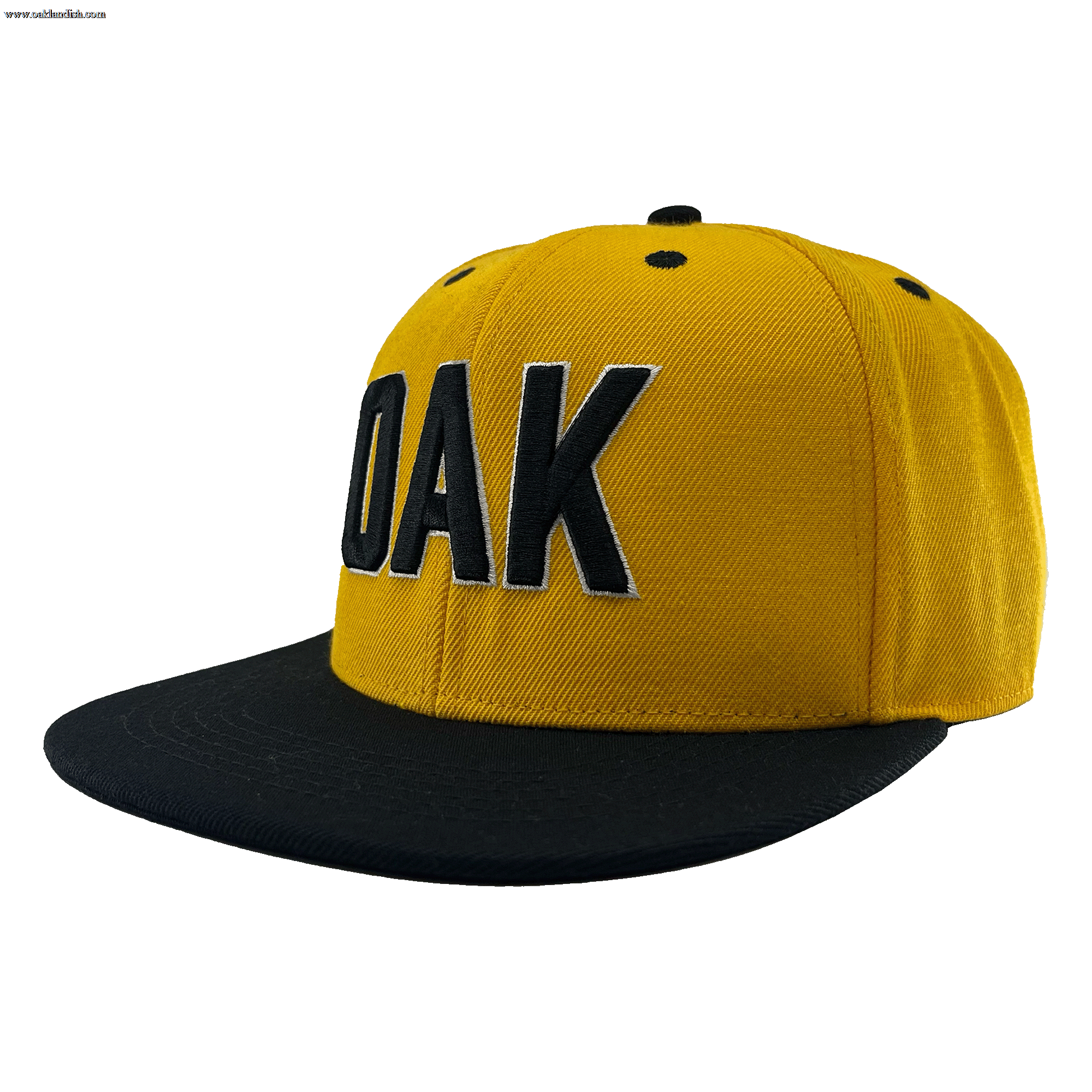 Angled side view of a yellow hat with a black flat bill, black embroidered details, and embroidered OAK block text on the front crown.