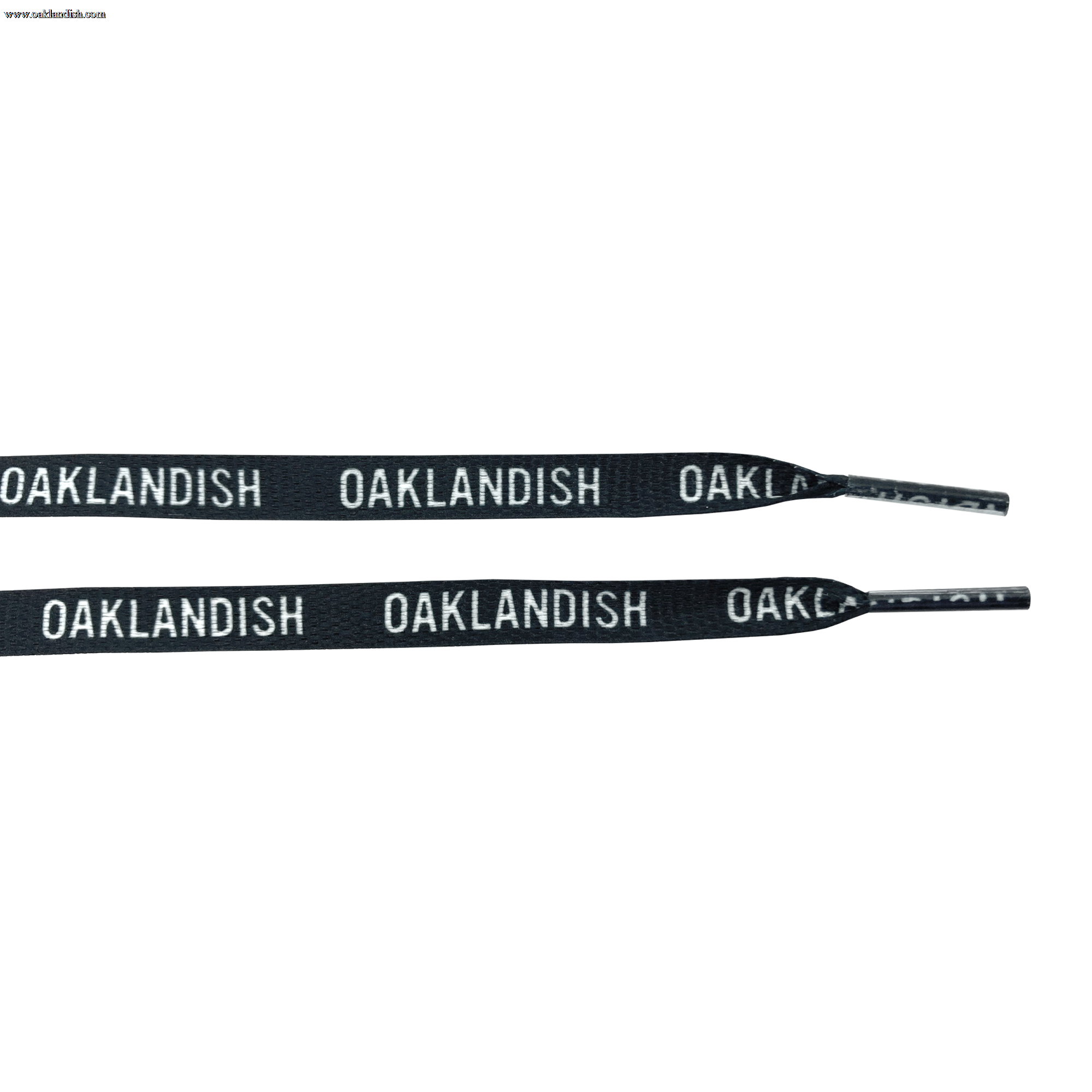 The "Wordmark Shoelaces" from Oaklandish are crafted from 100% black polyester and feature the word "OAKLANDISH" repeatedly printed in white, uppercase letters along their length. Resembling flat shoelaces, they are partially coiled to highlight the striking contrast between the black material and the white text, set against a plain white background.