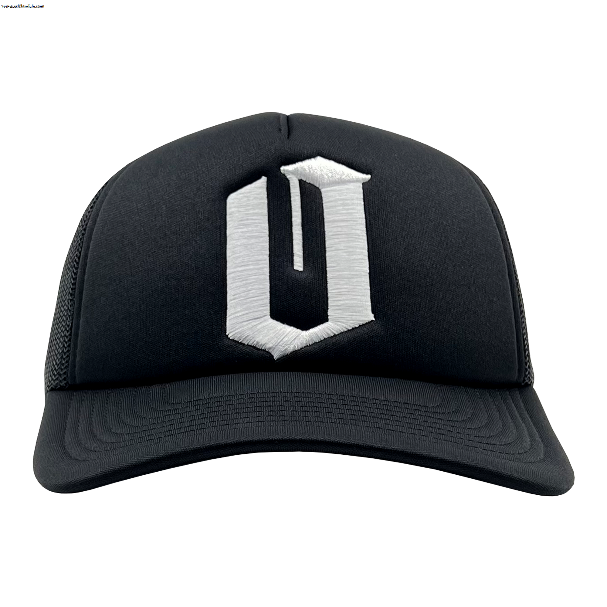 The Official O Trucker by Oaklandish is a black trucker snapback with a curved brim and mesh back. The front panel features a large, stylized, white letter "O" embroidered in a bold, three-dimensional design.