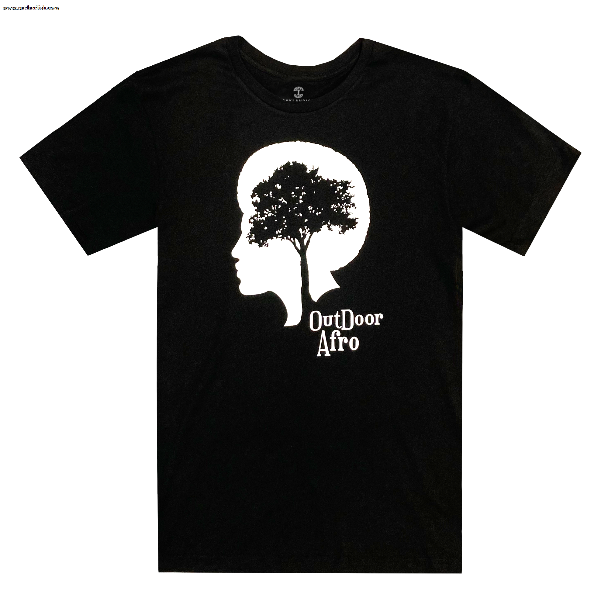 Front view of a black t-shirt with white OutDoor Afro logo and wordmark.