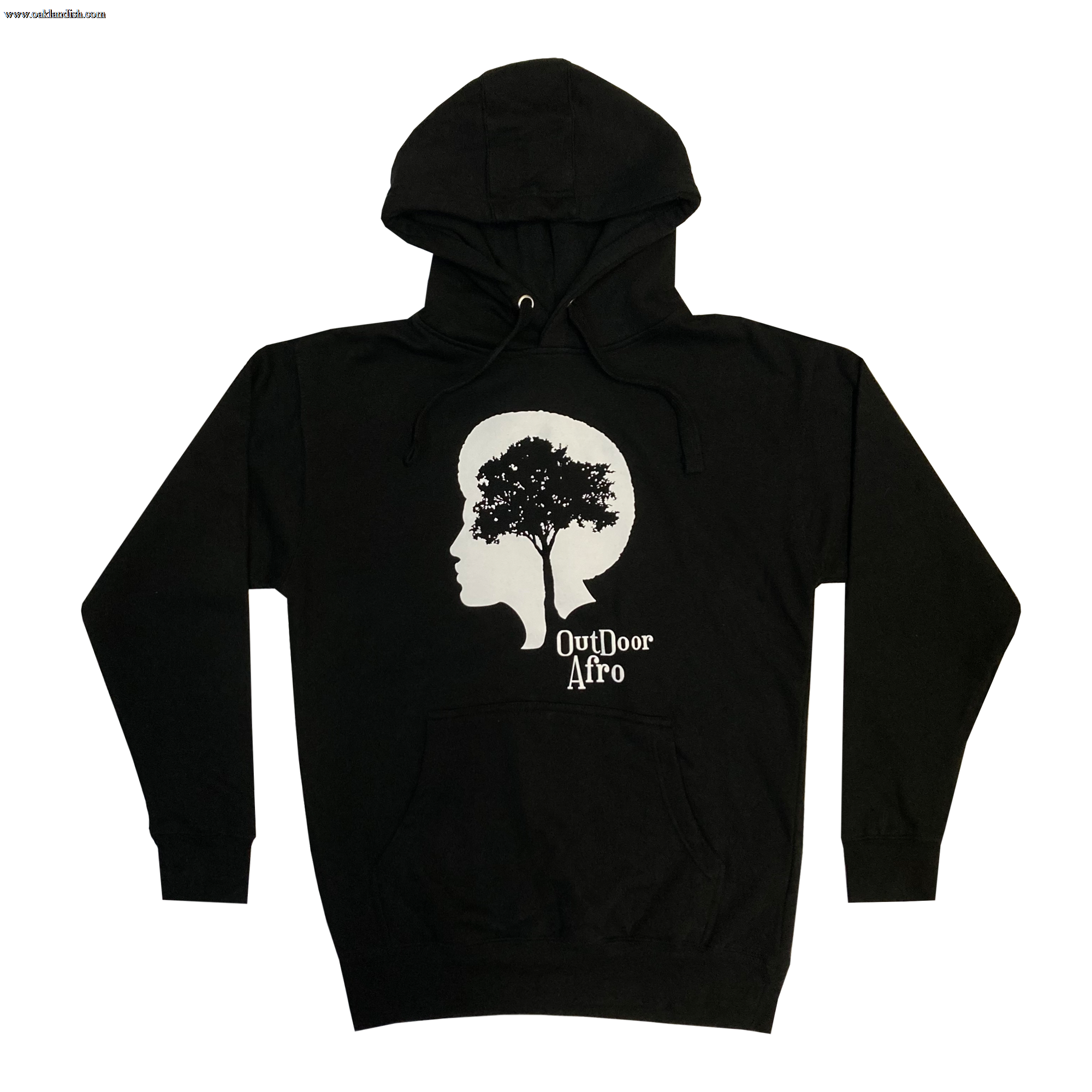 Introducing the Outdoor Afro Hoodie by Partner. This black pullover hoodie showcases a unique frontal design, featuring a silhouette of a person's profile with a large tree seamlessly integrated into their hair. Below the silhouette, the text "Outdoor Afro" is printed. Made from premium heavyweight fleece, it includes a front pocket and drawstrings on the hood for added comfort and style.