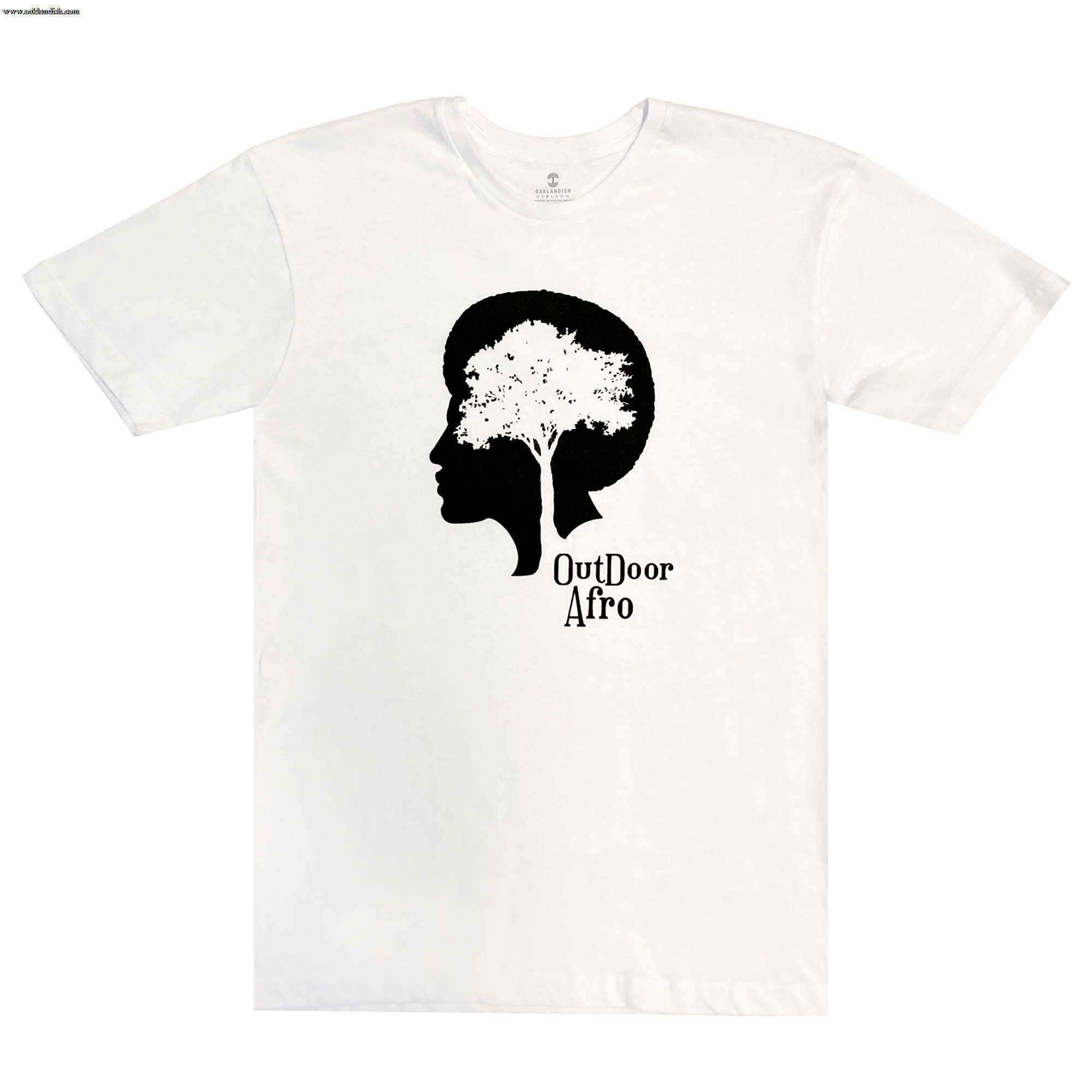 The Outdoor Afro Signature Tee by Partner is a white T-shirt adorned with a striking black silhouette of a person's head in profile, seamlessly integrated with the silhouette of a tree as the hair. Ideal for any outdoor enthusiast, it proudly displays the words "Outdoor Afro" below the image in bold black lettering.