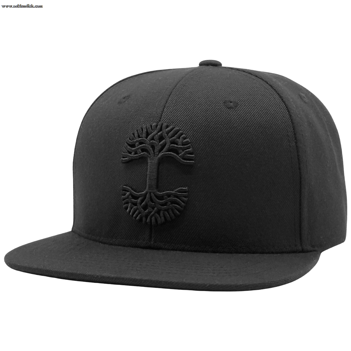 The Oaklandish Classic Snapback by Oaklandish is a black snapback hat featuring a flat brim and an embossed, monochromatic tree design on the front. This emblem, inspired by Oaklandish, showcases branches extending upwards and roots downwards, creating a circular motif. The headwear maintains a simple and sleek look without any additional logos or patterns.