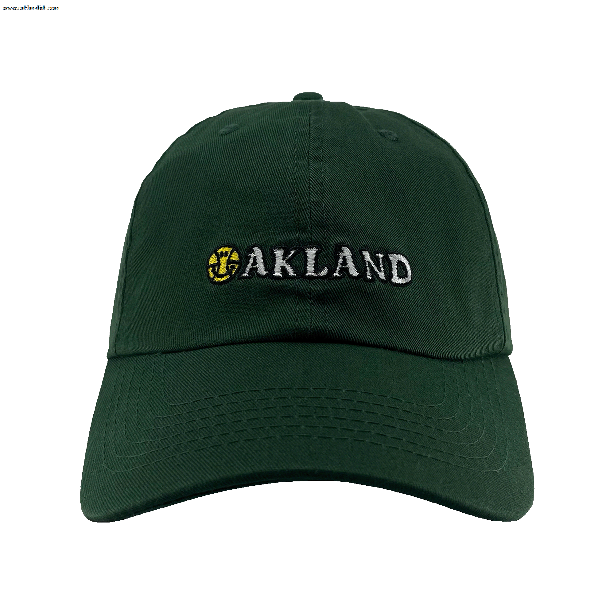 Front view of green Oakland Dad Hat, with embroidered wordmark design by Dustin O. Canalin (DOC).