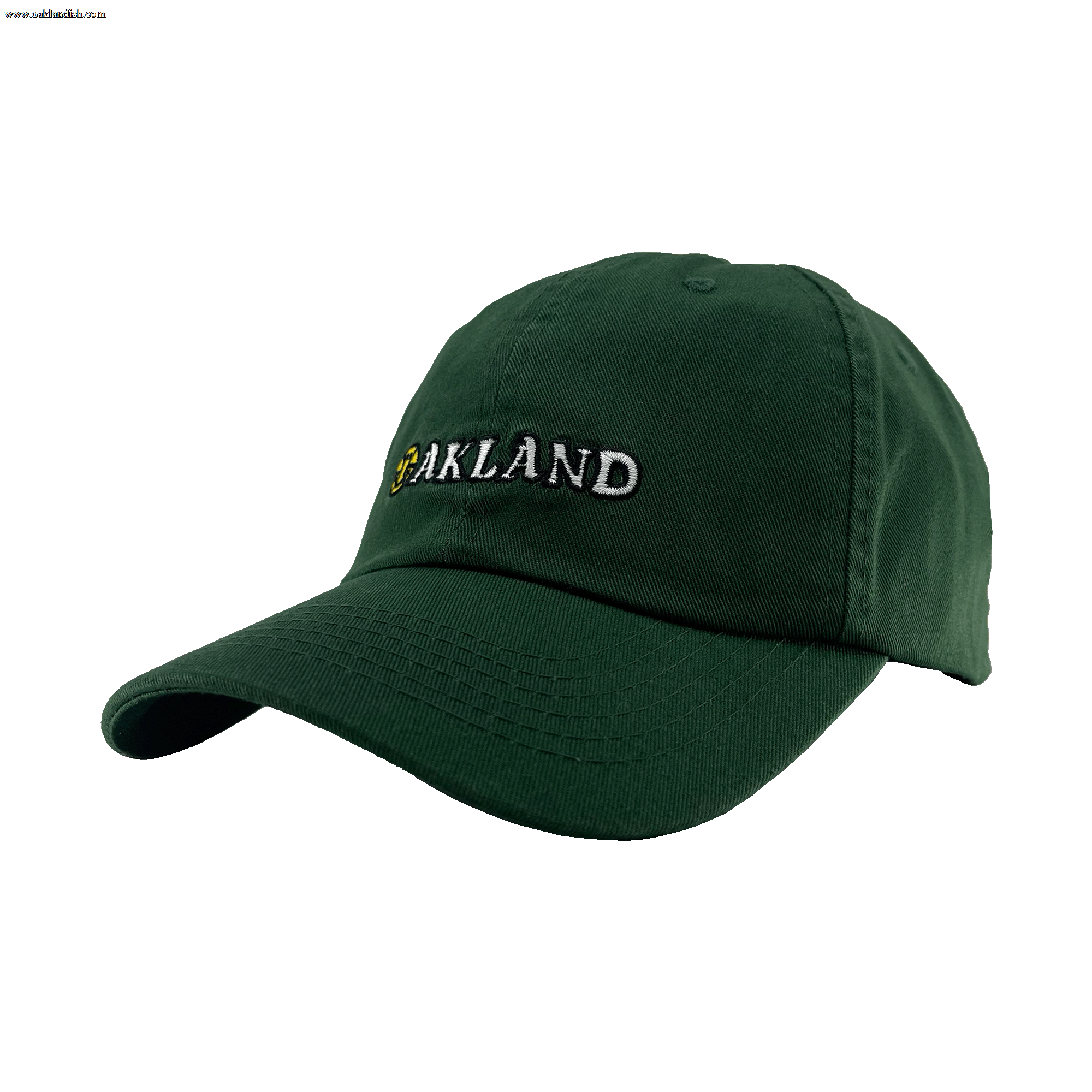 The Happy Oakland Dad Hat from Oaklandish features the word "OAKLAND" embroidered in white and yellow thread on the front. This dark green cap has a curved brim and a six-panel design with eyelets for ventilation, capturing Bay Area culture with its solid green color.