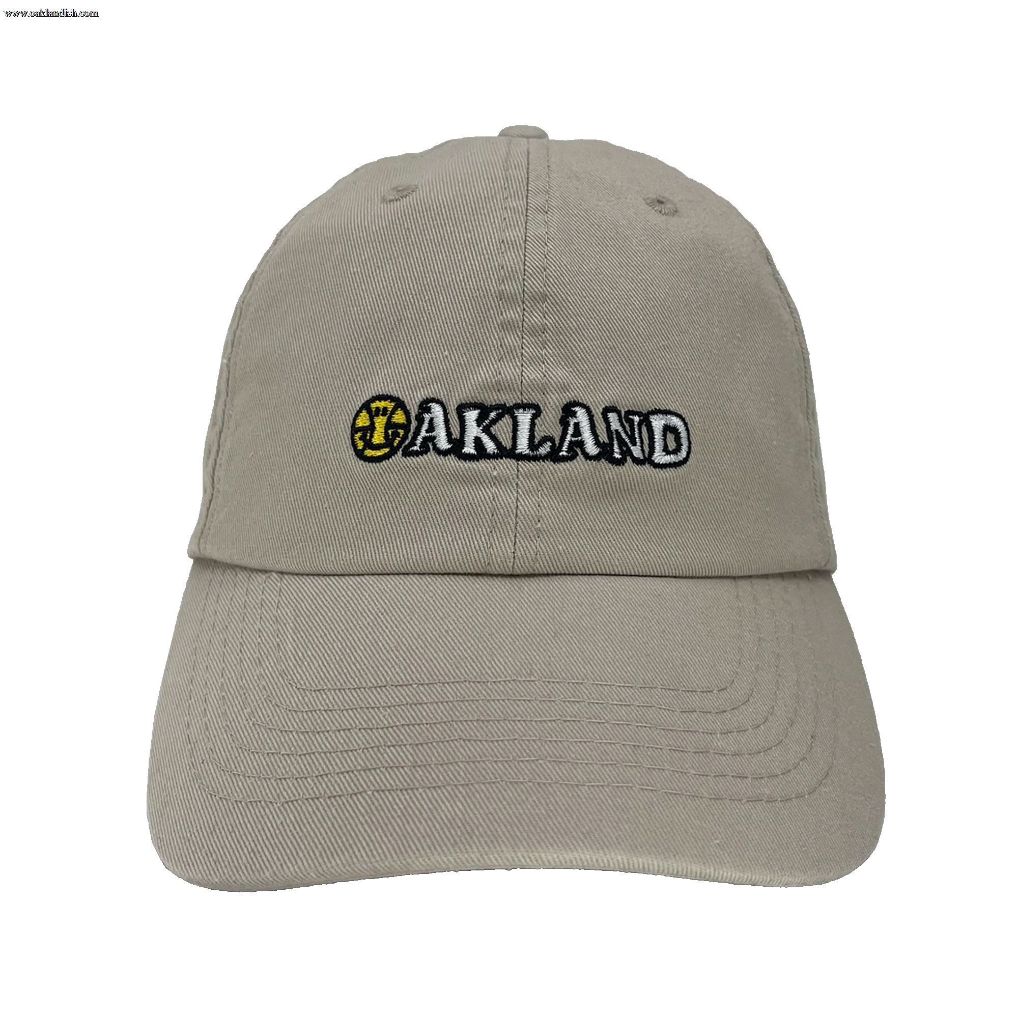 Front view of khaki Oakland Dad Hat, with embroidered wordmark design by Dustin O. Canalin (DOC).