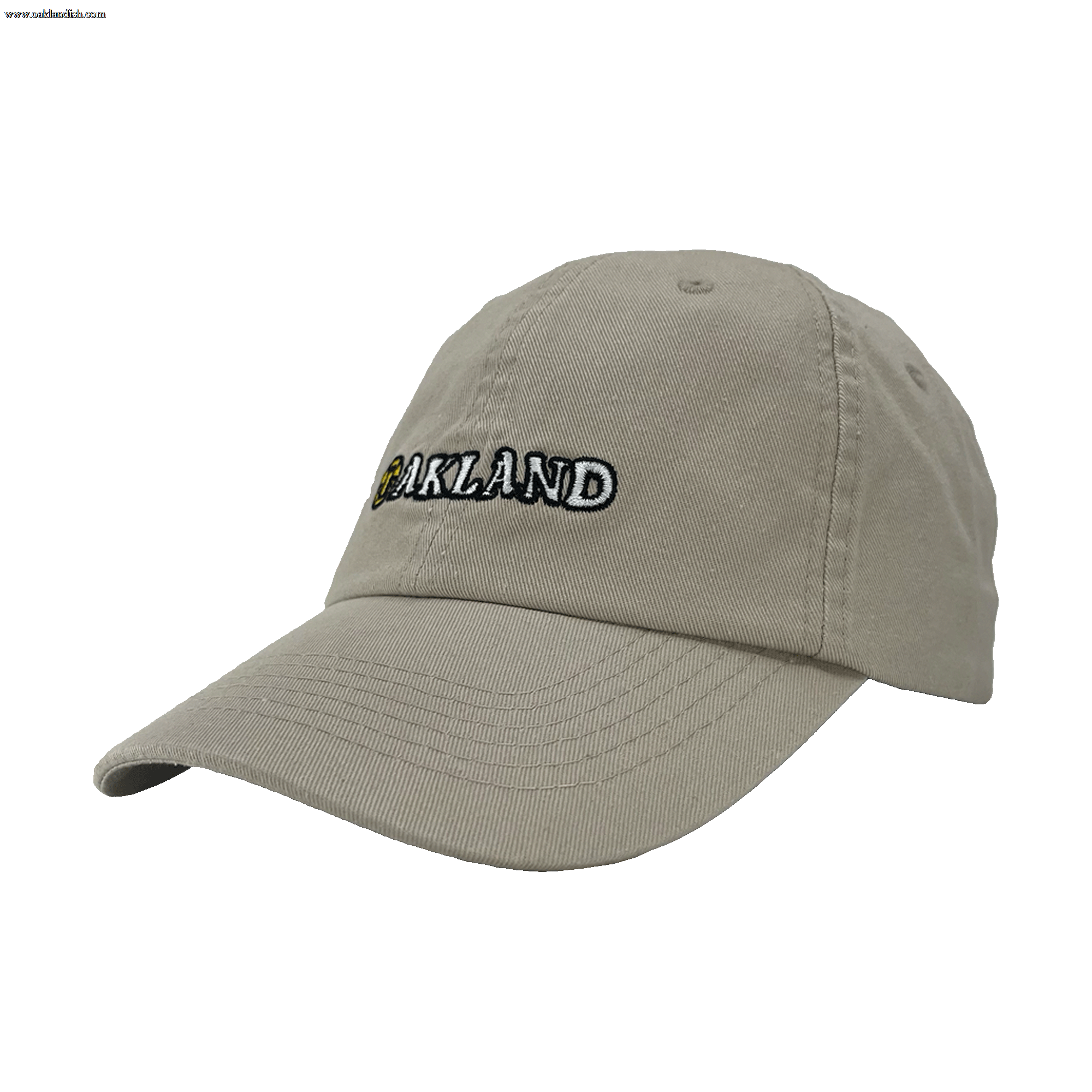 Angled side view of khaki Oakland Dad Hat, with embroidered design by Dustin O. Canalin (DOC).