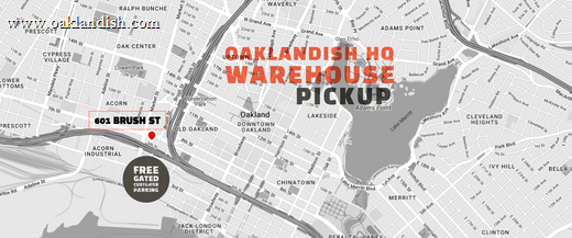 Oaklandish warehouse curbside pickup banner with greyscale map of portion of Oakland and HQ location.