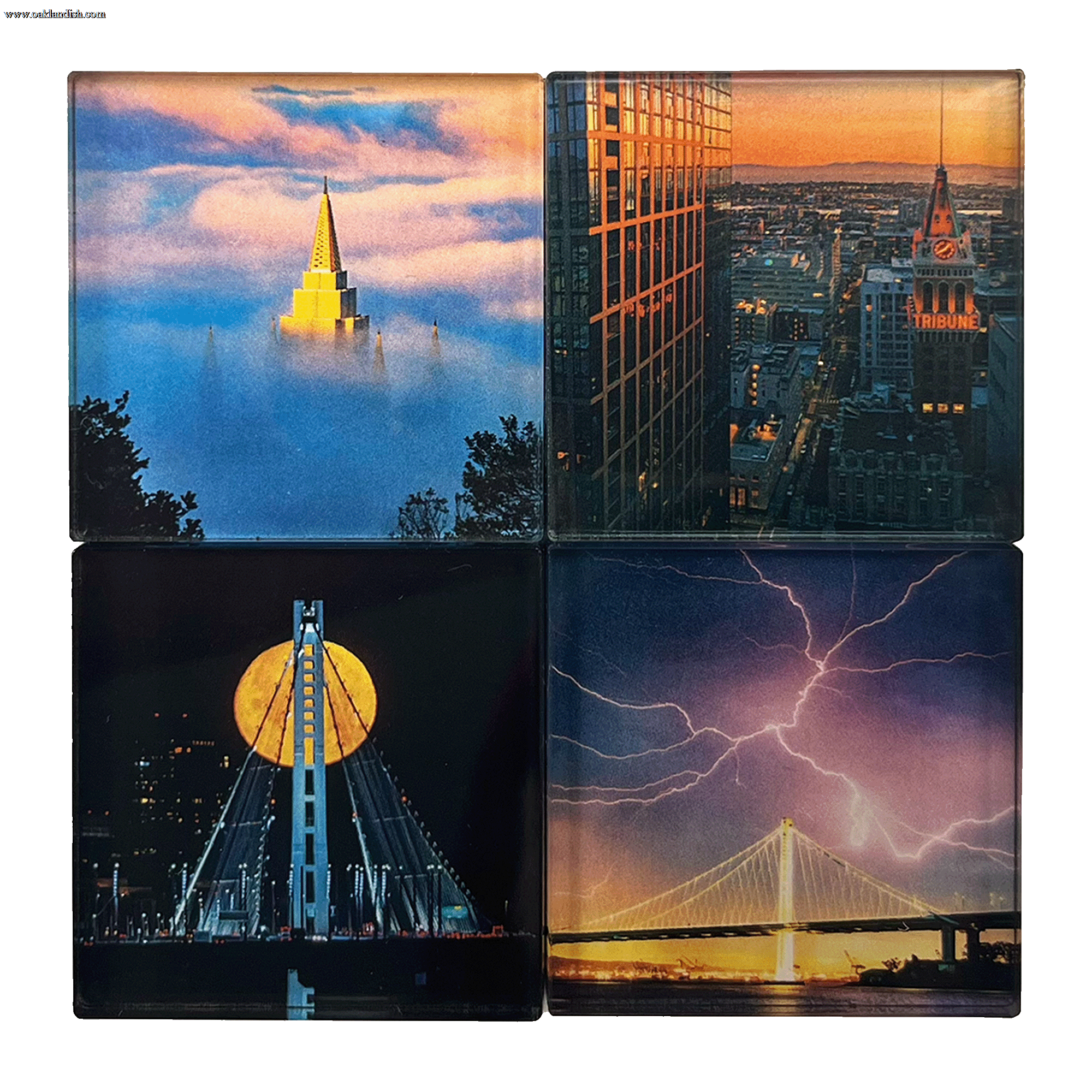 Front view of set of four fridge magnets with images by Oakland photographer Vincent James.