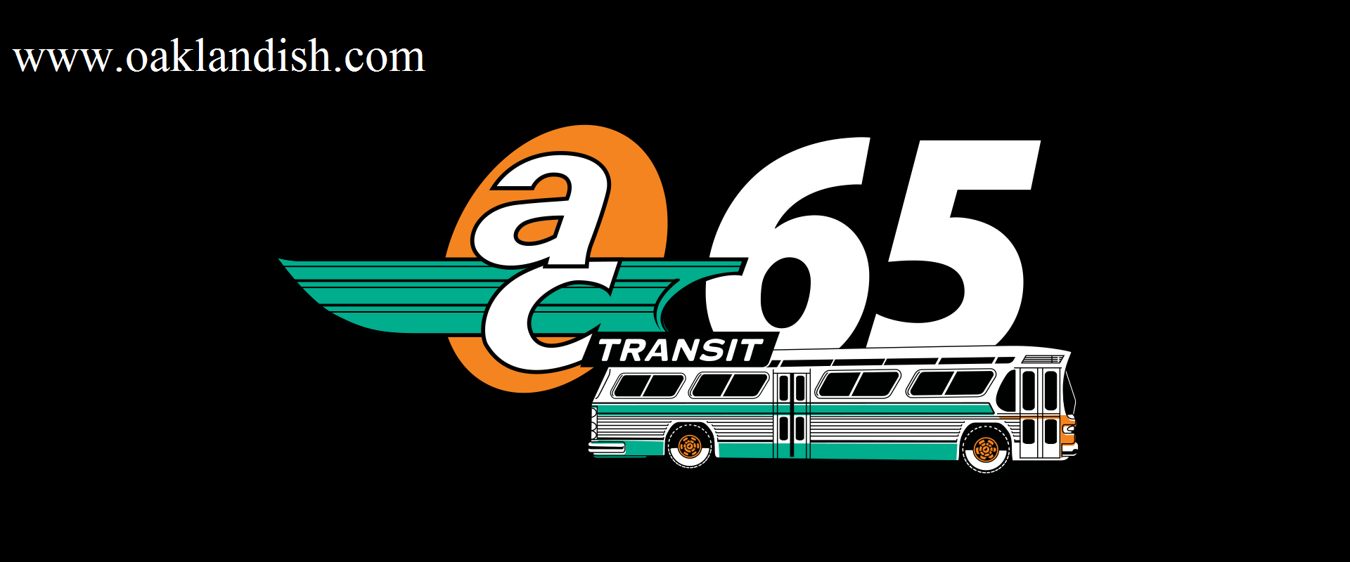 Logo with "ac TRANSIT" over a winged emblem, a large “65”, and a vintage green-and-white bus on a black background, celebrating AC Transit’s 65th anniversary.