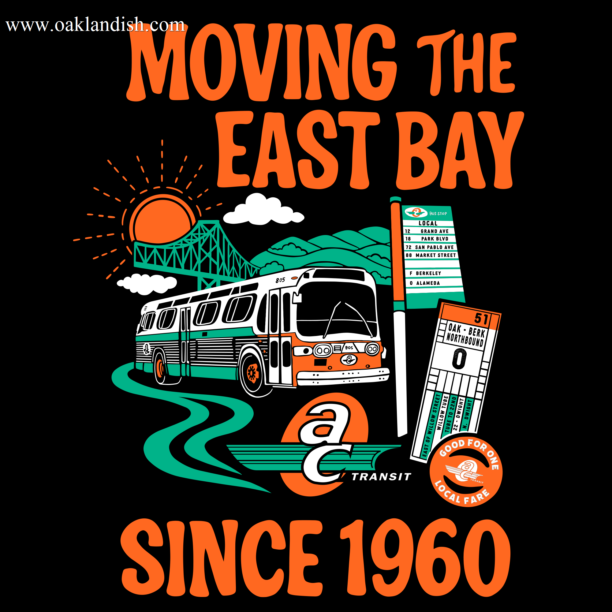 The AC Transit Moves The East Bay Tee by Oaklandish features a vintage bus, sun, bridge, and hills with a transit pass and bus stop sign. Bold orange text proclaims “MOVING THE EAST BAY SINCE 1960.” Perfect for AC Transit fans.