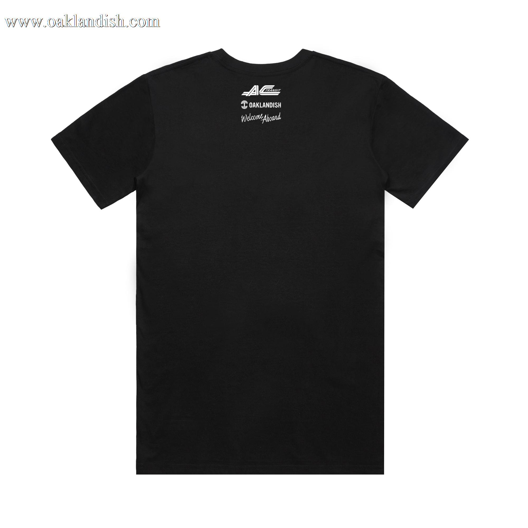 The back of the AC Transit Moves The East Bay Tee by Oaklandish features small white logos, stylized text, and a subtle AC Transit reference near the upper back on a plain black vintage-style shirt.