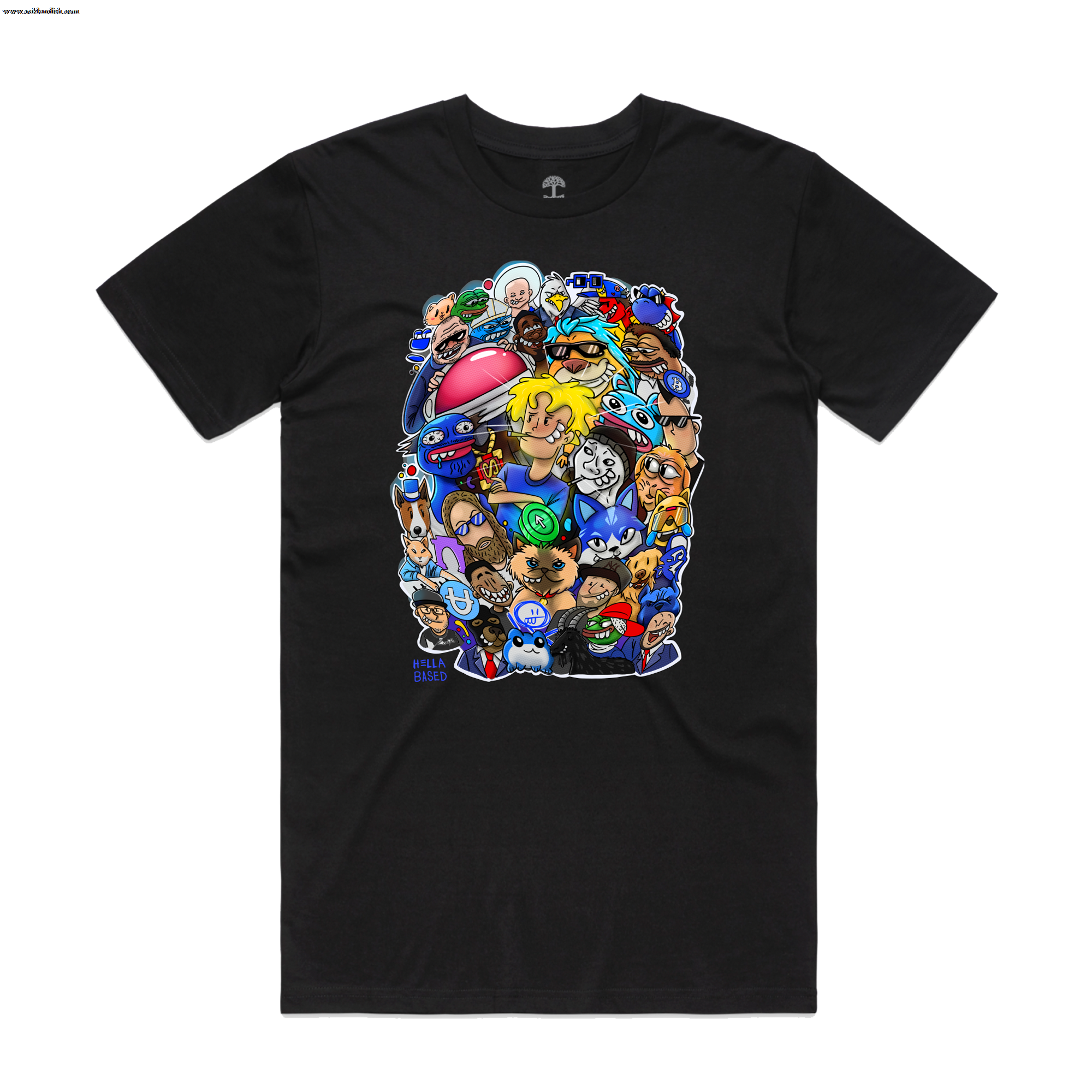 The Base Fame Day Tee by Other is a black T-shirt showcasing a vibrant, colorful collage of iconic video game characters in a bold, eye-catching design, reminiscent of Hella Bays'd All-Star Weekend.