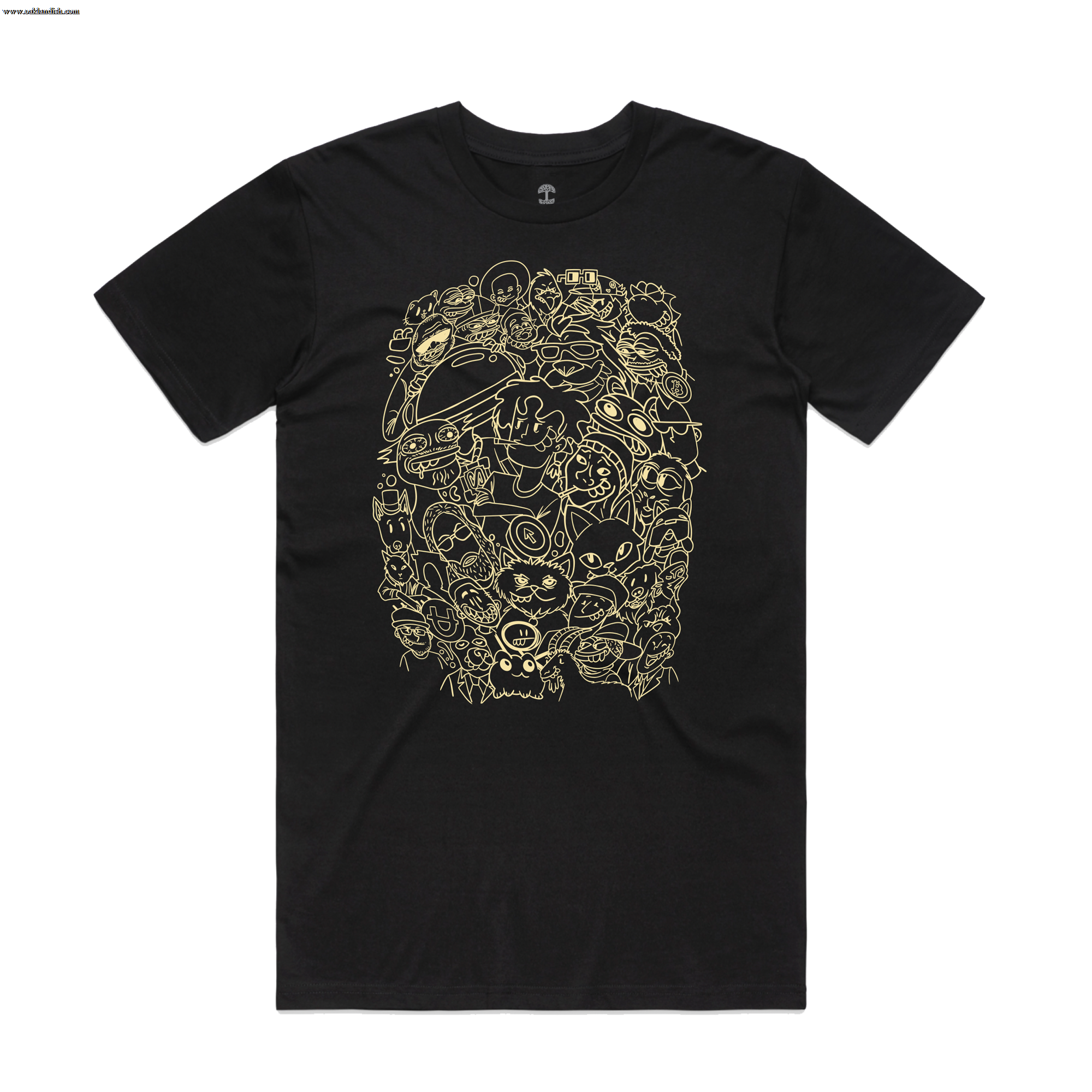 The Base Fame Night Tee by Other is a black T-shirt showcasing an intricate gold line art design filled with abstract, whimsical elements, including faces, geometric shapes, and swirling patterns reminiscent of All-Star Weekend's vibrant style.