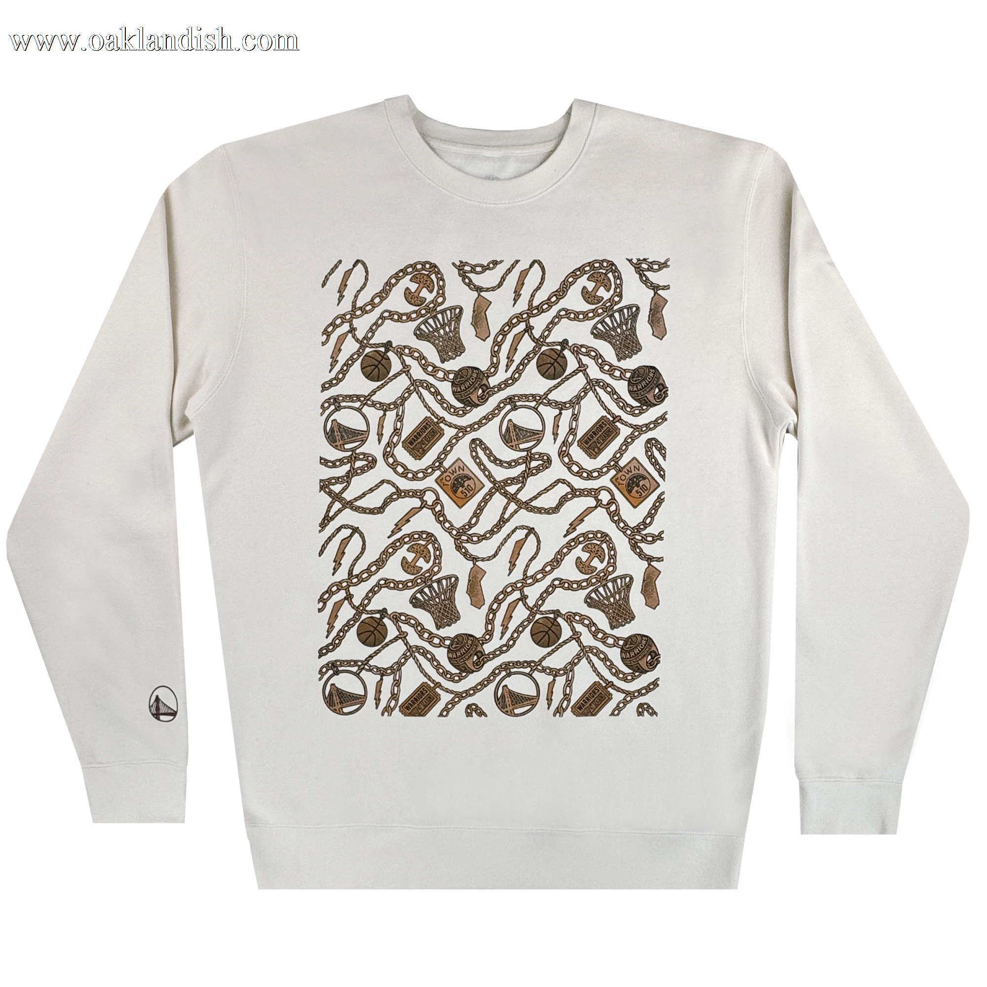 All Gold Forever Crew by Other: This off-white crewneck sweatshirt features a central rectangular pattern of intertwined brown ropes, anchors, chains, and nautical elements. A small circular emblem appears on the left wrist. The plain white background accentuates the detailed maritime-themed design—an exclusive piece from the Warriors x Oaklandish collaboration.