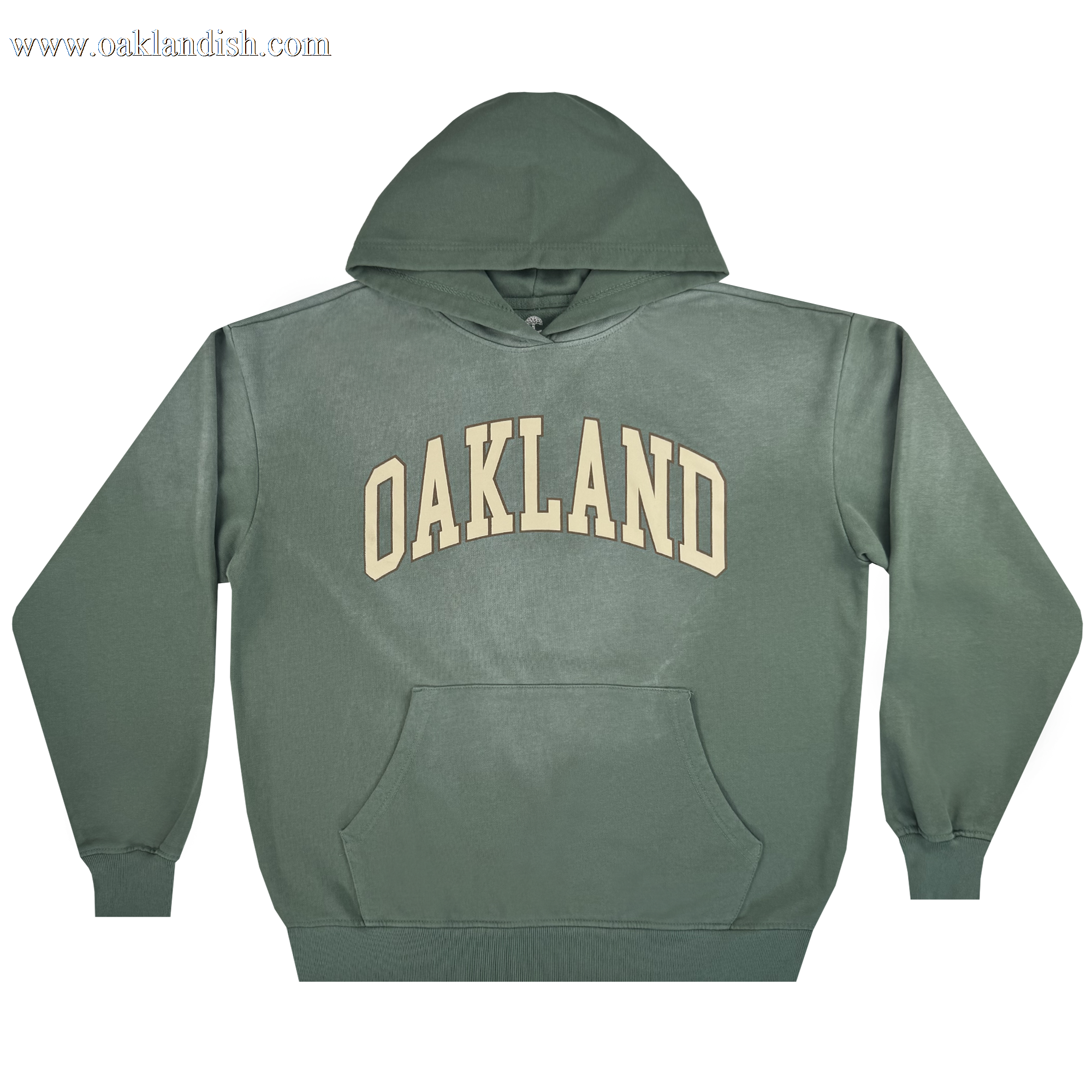 The Oaklandish Alma Mater Hoodie 2.0 is a men's green pullover, made from 100% cotton with a large front pocket and bold cream “OAKLAND” lettering across the chest, shown laid flat on a white background.
