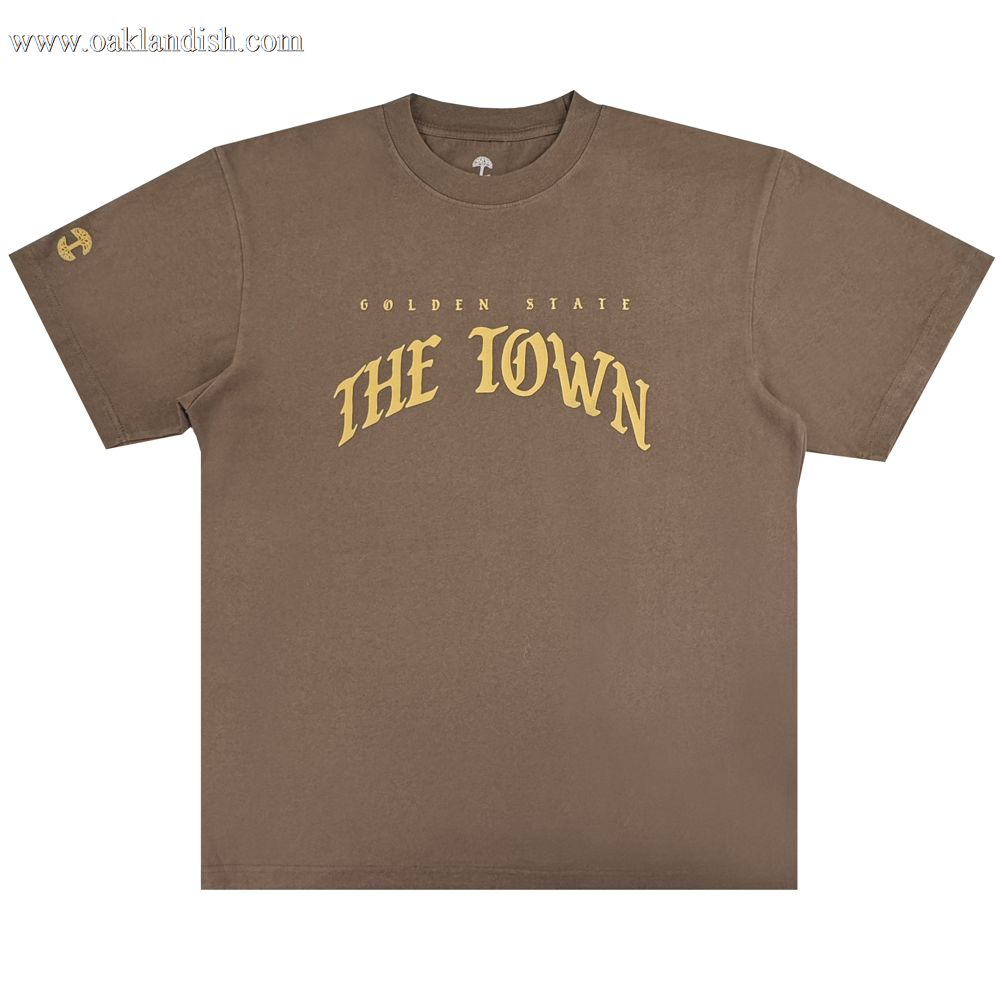 An Arched Black-Letter Tee from Other, featuring small yellow “GOLDEN STATE” lettering above bold yellow “THE TOWN” text. A small circular logo is displayed on the left sleeve. The shirt is laid flat on a white background, highlighting its Warriors jersey-inspired design.