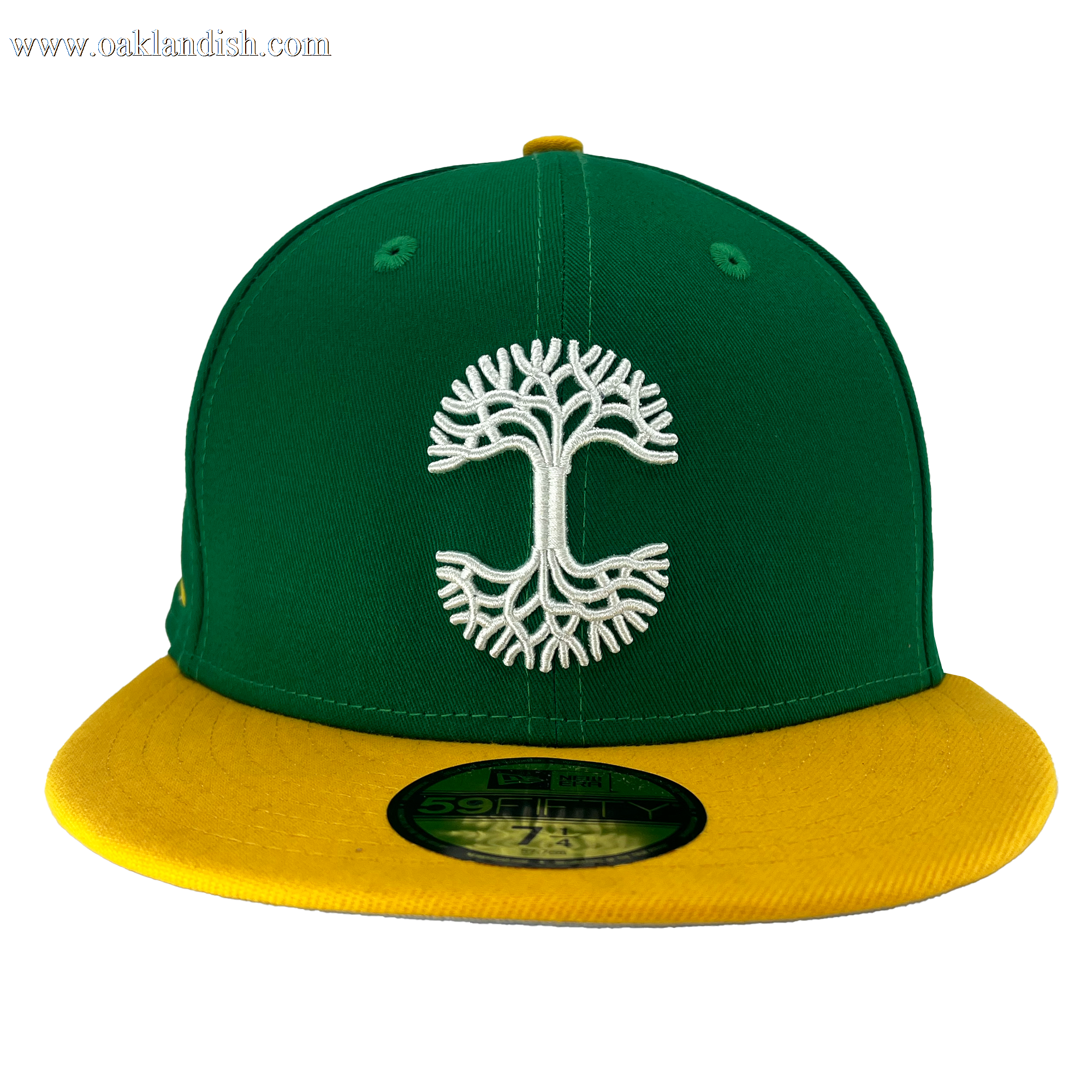 Green New Era cap with yellow bill and a white embroidered Oaklandish tree logo on the crown.