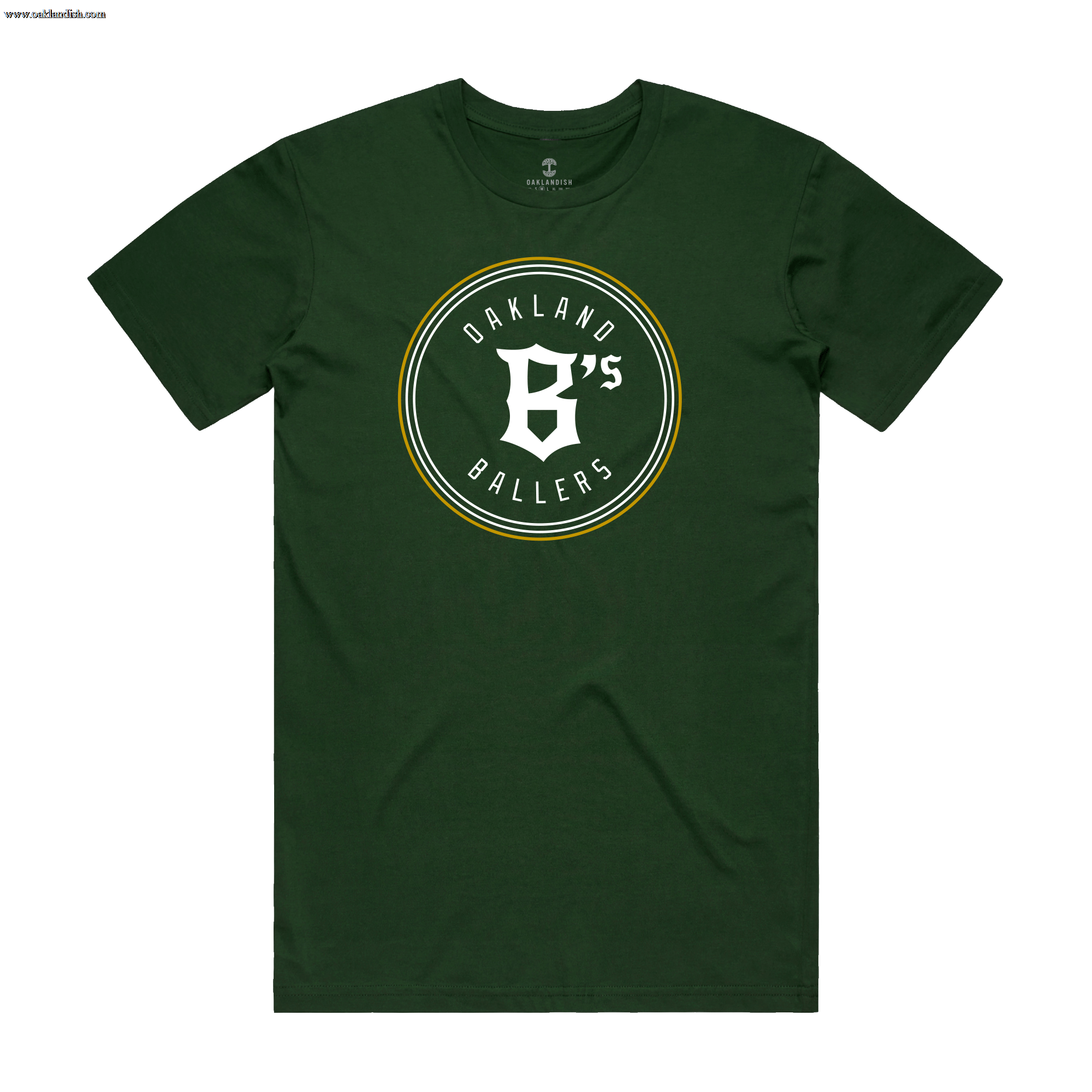Green Oakland Ballers Classic Tee with "Oakland B's Ballers" logo in white and yellow text within a circle, capturing the spirit of the Pioneer League baseball team. The central design adds sporty, casual flair.