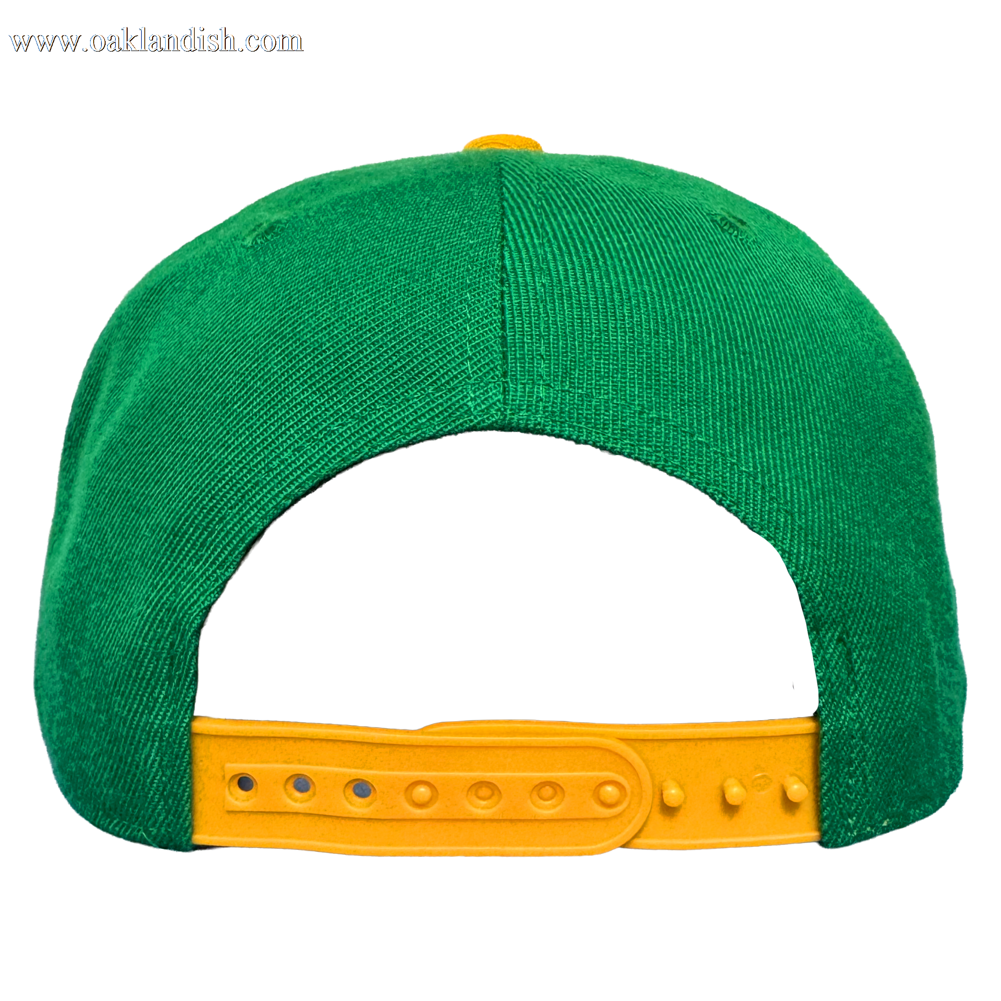 The Oakland Ballers Snapback by Oakland Ballers is a green cap shown from the back, featuring a yellow adjustable strap with multiple holes and a yellow top button, all set against a plain white background.