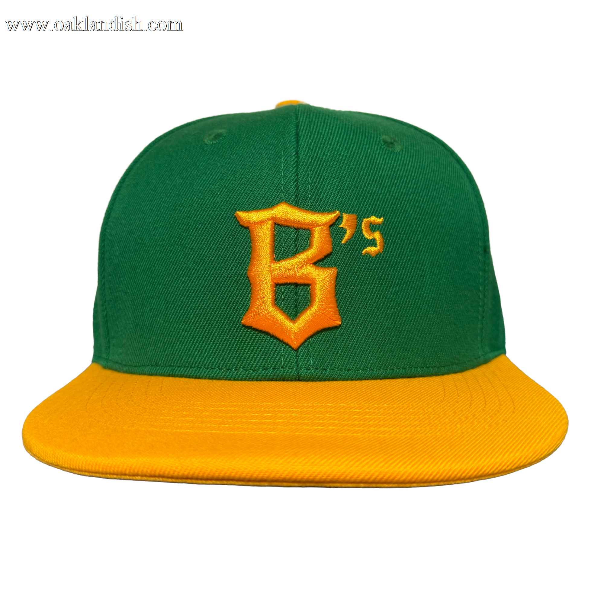 The Oakland Ballers Snapback by Oakland Ballers is a green cap with a bright yellow brim and a bold yellow "B’s" logo on front, representing the team. A plain white background highlights its vivid colors and sharp design.