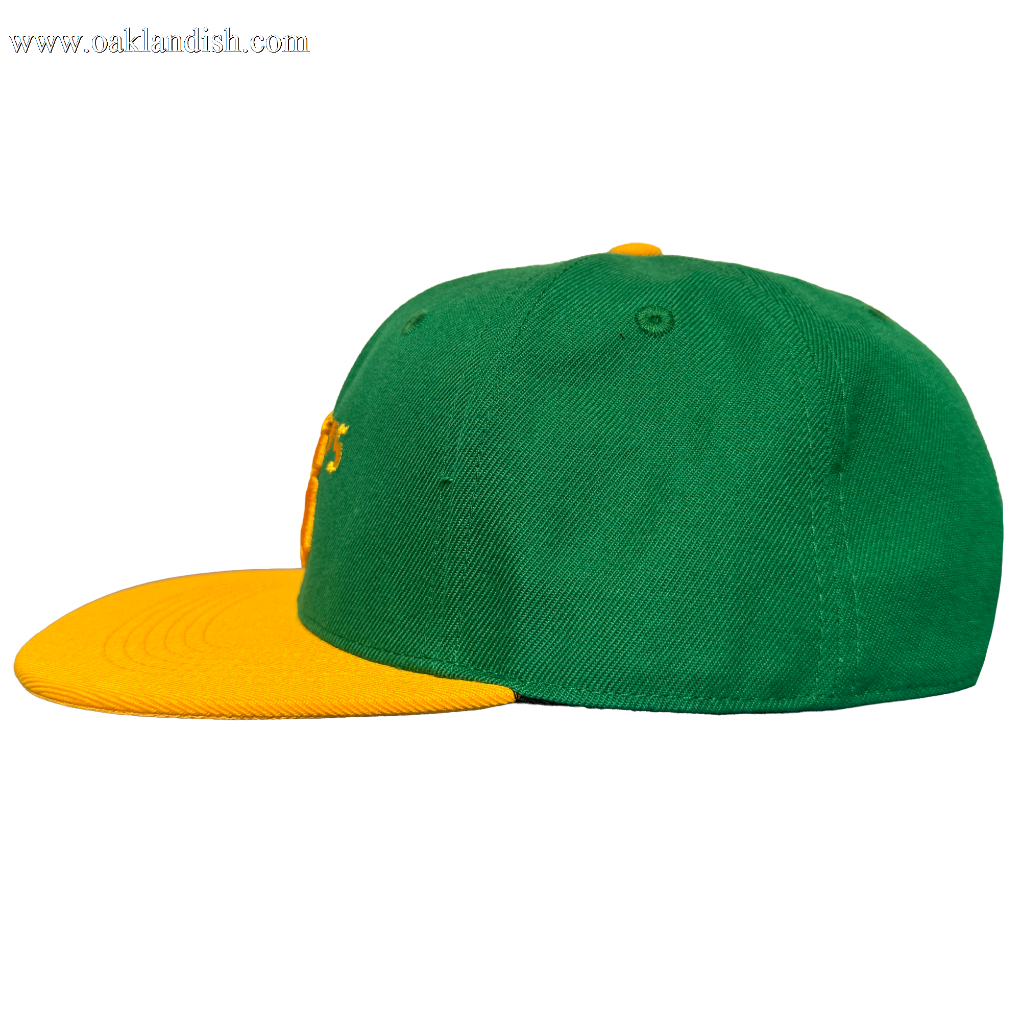 The Oakland Ballers Snapback by Oakland Ballers is a green cap with a flat yellow brim and top button, stitched eyelets, and a structured crown, shown from the side against a plain white background.