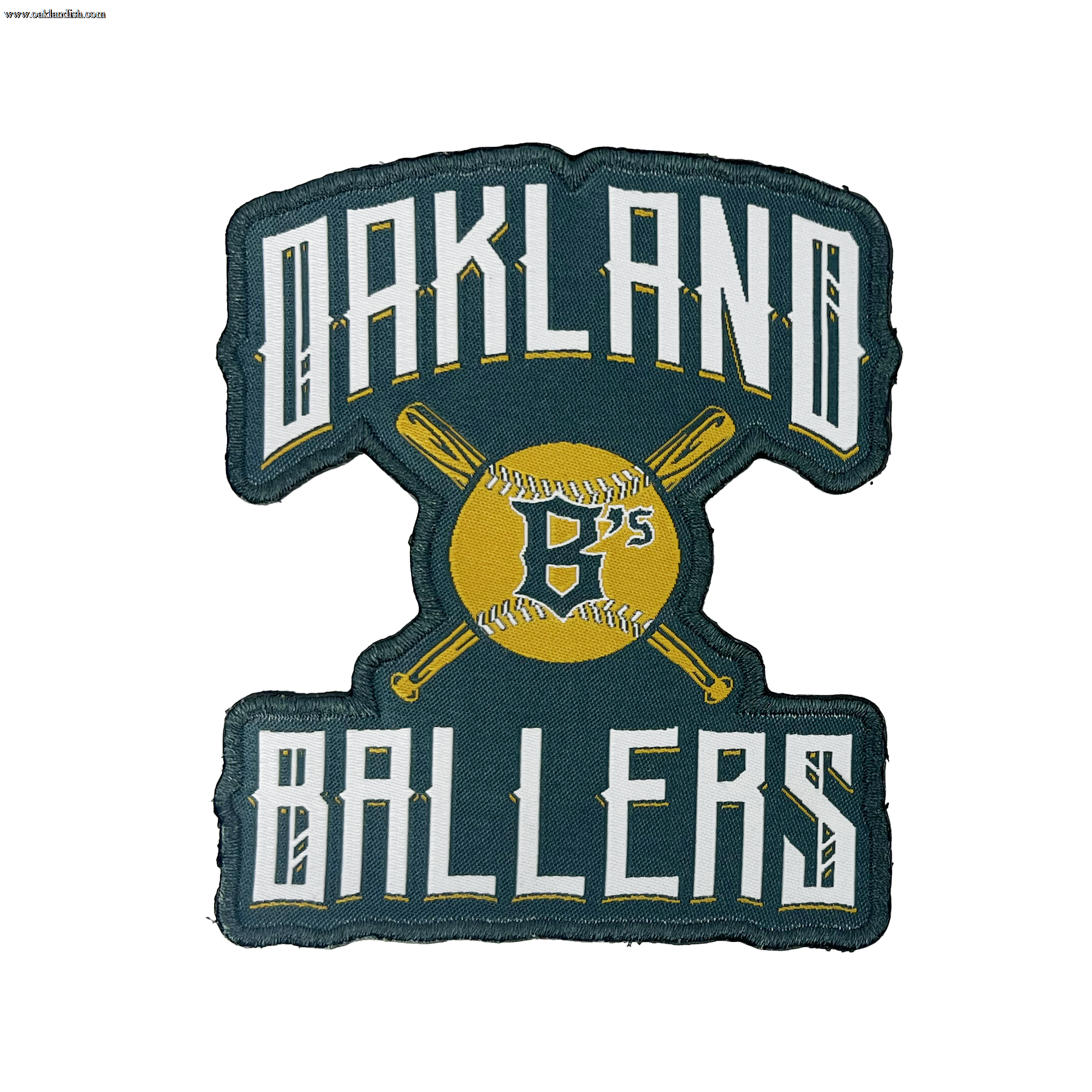 The Oakland Ballers Alt Logo Patch by Oakland Ballers features "OAKLAND BALLERS" embroidered in white with a black outline, surrounding a yellow baseball illustration crossed by two yellow bats. The baseball displays the letter "B's" in black, symbolizing the West Coast franchise, all set against a dark green background.