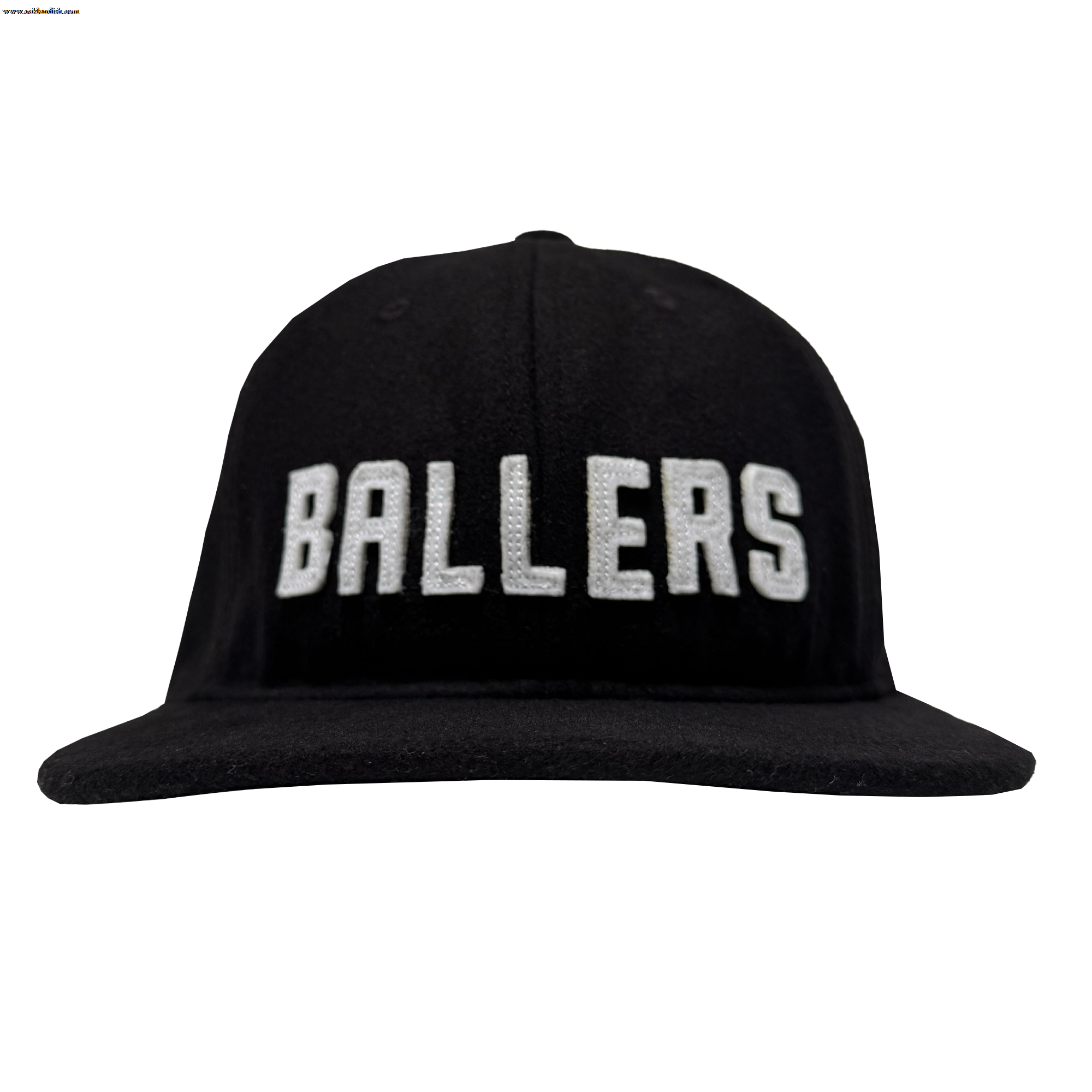 The Oakland Ballers Felt Applique Strapback is a black hat made from a premium polyester wool blend, with "BALLERS" in bold white letters on the front. Brand: Oakland Ballers. Background is plain white.