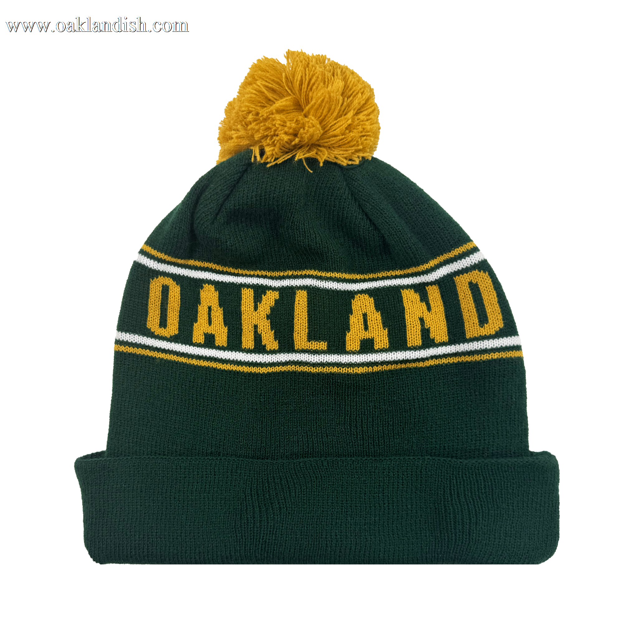 The Oakland Ballers Pom Beanie features a green knit with a yellow pom-pom, "OAKLAND" stitched on the front, white and yellow stripes, and a thick cuff for extra warmth—a stylish piece by the Oakland Ballers.