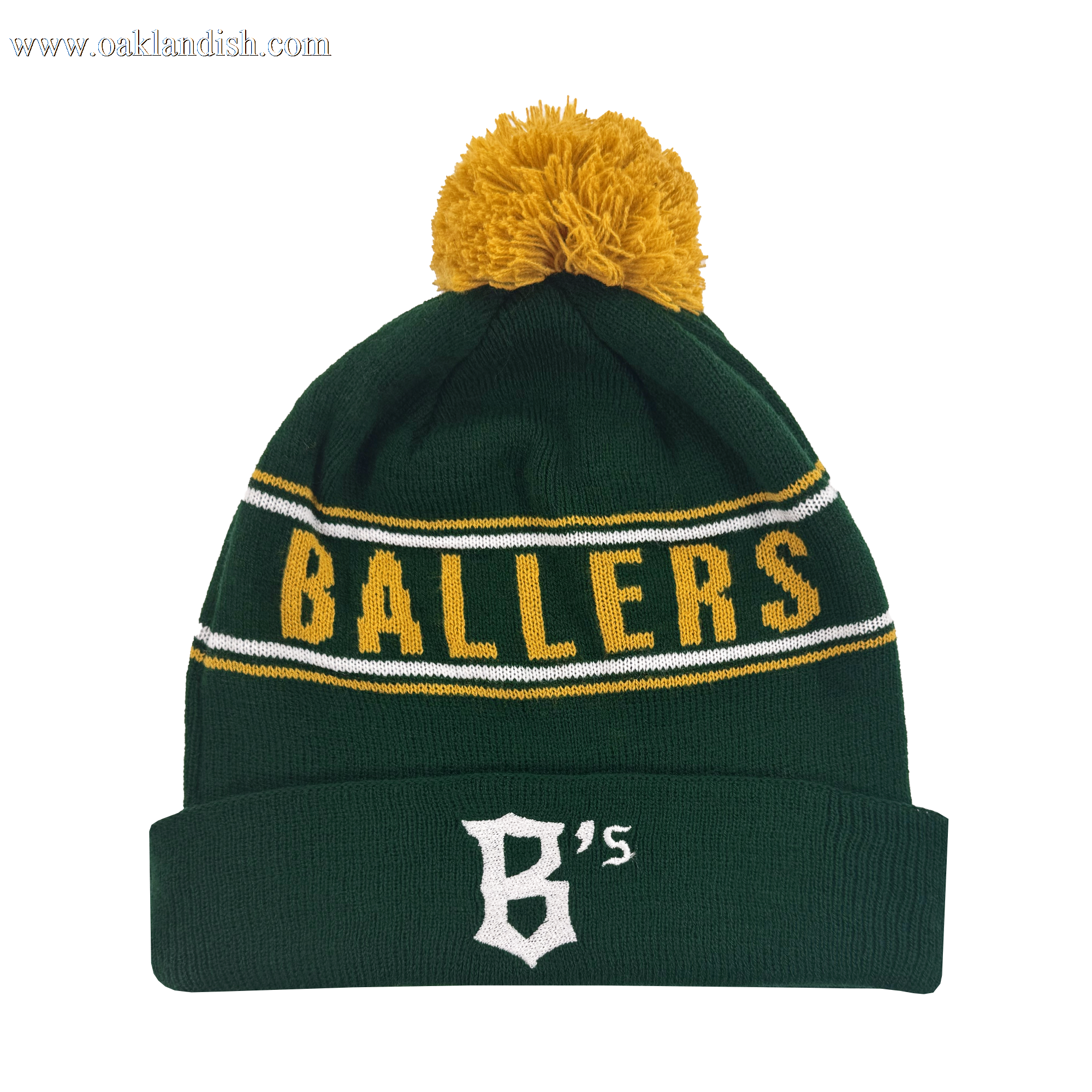 The Oakland Ballers Pom Beanie features a green knit design with a yellow pom-pom, "BALLERS" in yellow lettering, and a white stylized "B’s" logo framed by white stripes on the folded brim. Celebrate your team in style!.